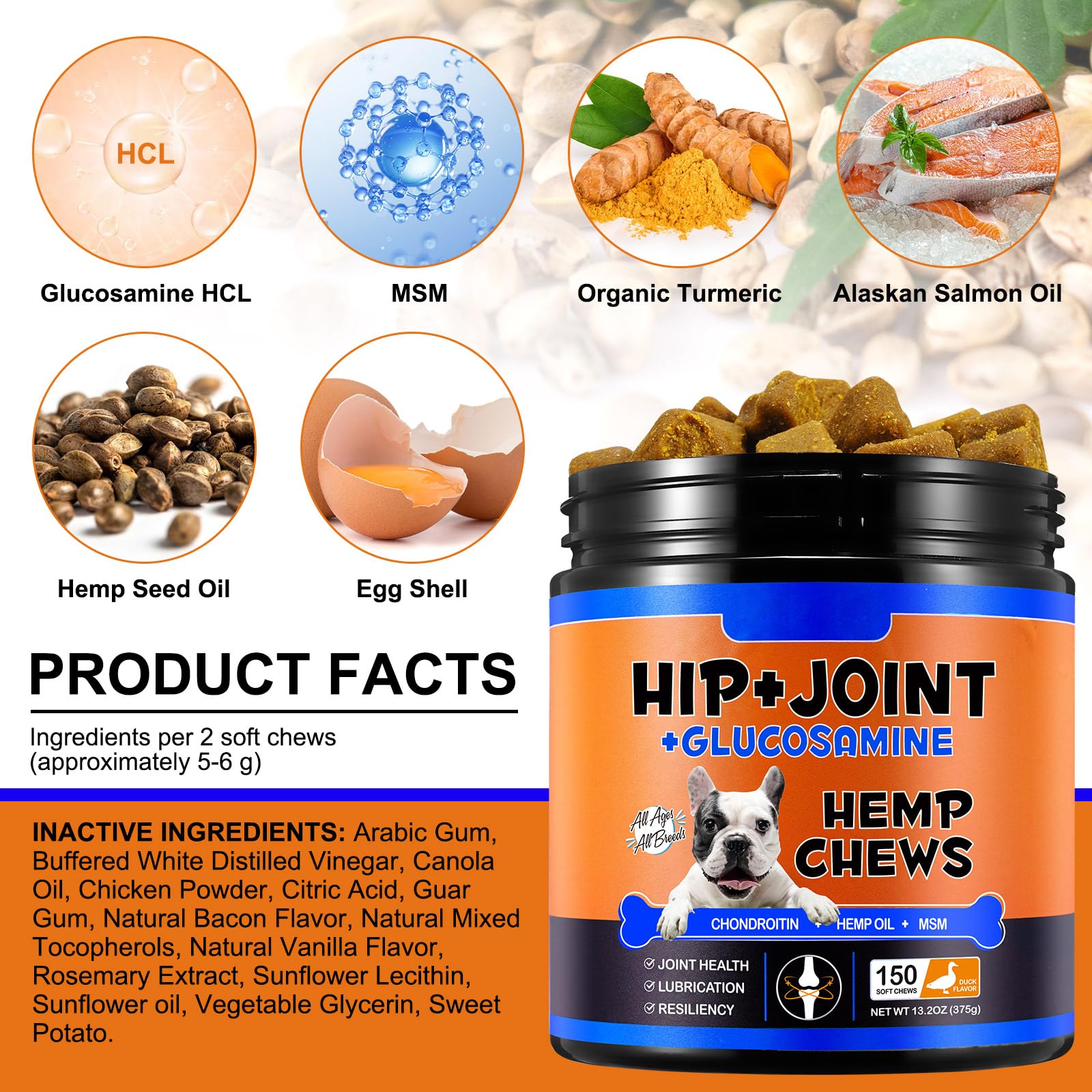 Glucosamine pour chiens, supplément pour hanches et articulations (150 comprimés) – Soins des articulations à mâcher avec sulfate de chondroïtine, MSM – Soulagement de la douleur arthritique, mobilité
