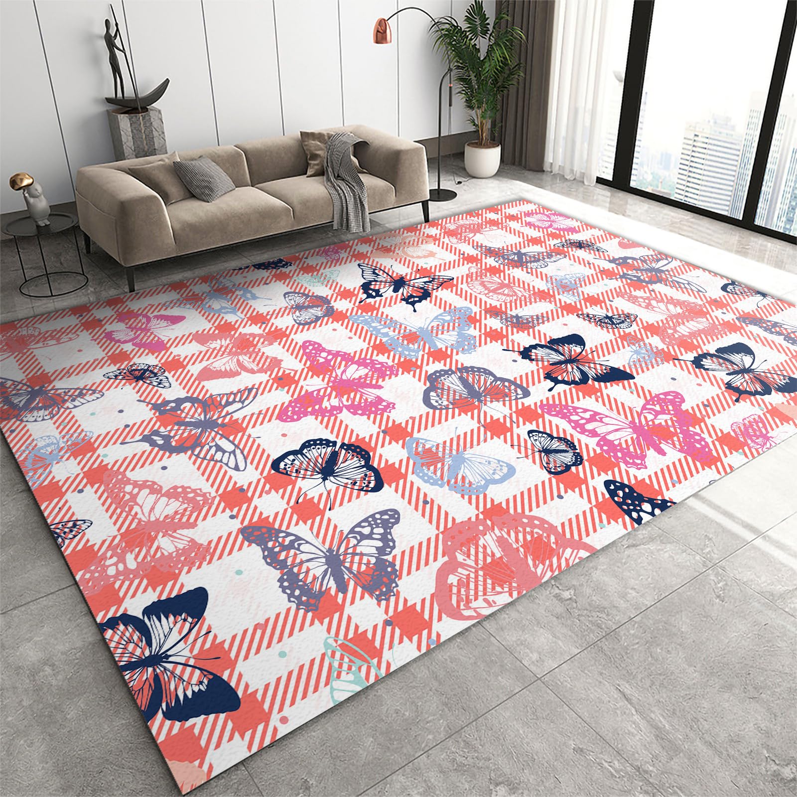 FIEMAR Area Rug 140x200cm Washable Living Room Rug, Butterfly Plaid Print Large Rugs for Bedroom, Traditional Tiled Area Rugs Dining Room Mat, Soft Non Slip Throw Rugs for Backyard Living Room — image 1