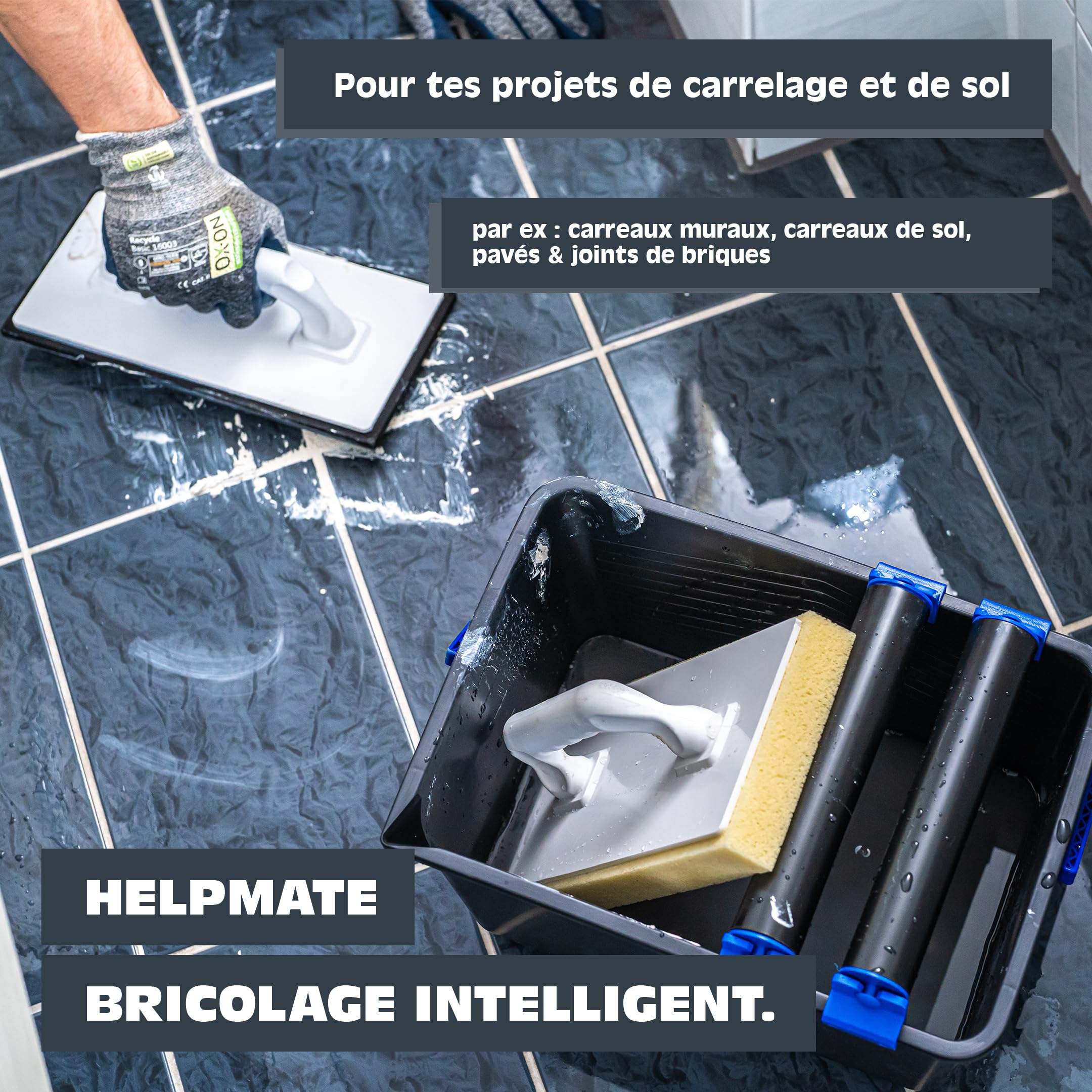 HELPMATE – Kit de lave sol de carrelage 5 pièces & seau de 12 litres – balais serpillère nettoyer sol – support à roulettes double – planche de lavage de carrelage & planche à joints