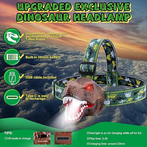 Miniatura 6 de Linterna de dinosaurio para niños, paquete de 2, faros LED recargables, modo rugido y silencioso, juguetes de dinosaurio T-Rex 3-5, 4, 6, 5, 7, 6,