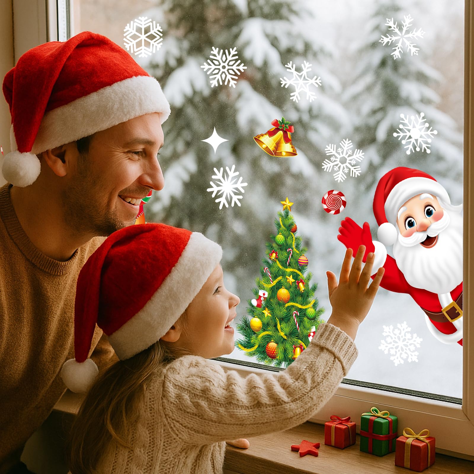 Weihnachts Fensterbilder Set – 10 Bögen, 194 Stück PVC-Aufkleber, Wiederverwendbar, Mit Schneeflocken, Weihnachtsmann, Rentier
