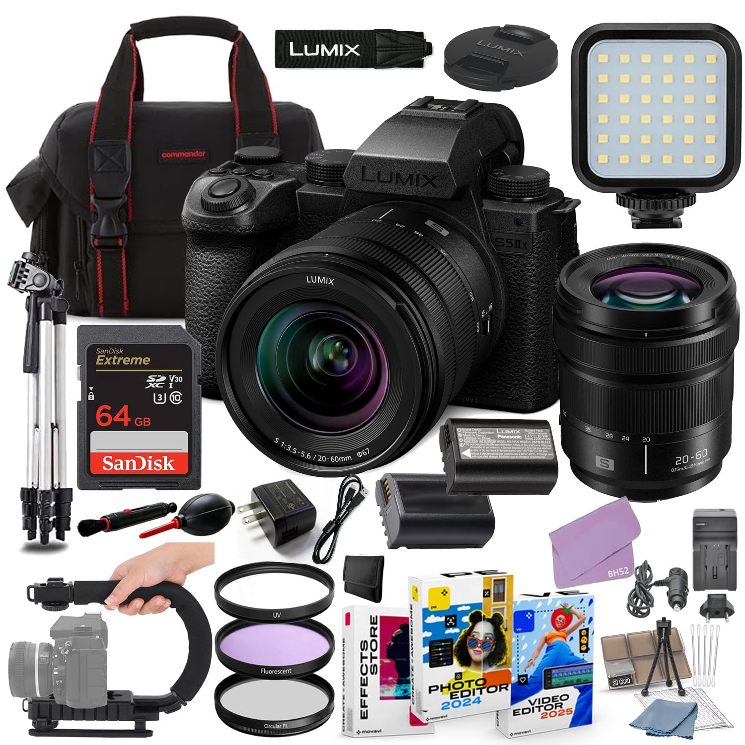 LUMIX S5 IIX Mirrorless Camera with 20-60mm Lens Bundle + Accessory Package with 64GB Memory by Panasonic – Black, Pack of 34, Model BH52-S5IIX2060-71626