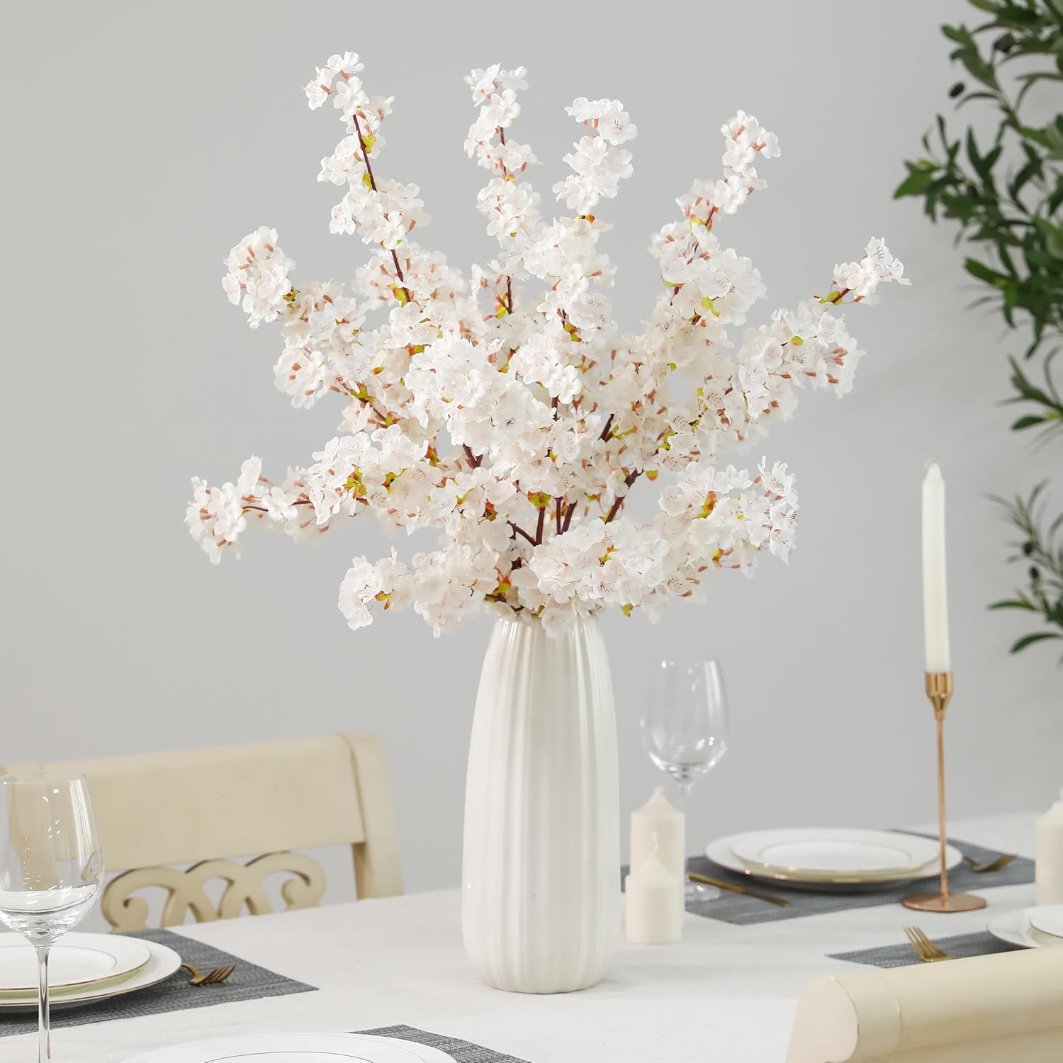 Artificial Cherry Blossom Branches 3Pcs 40" Faux Silk Cherry Blossom, Fake Flowers with Leaves Bouquet Decorations for Home Living Room Bedroom Table Centerpiece Vase Wedding Decor