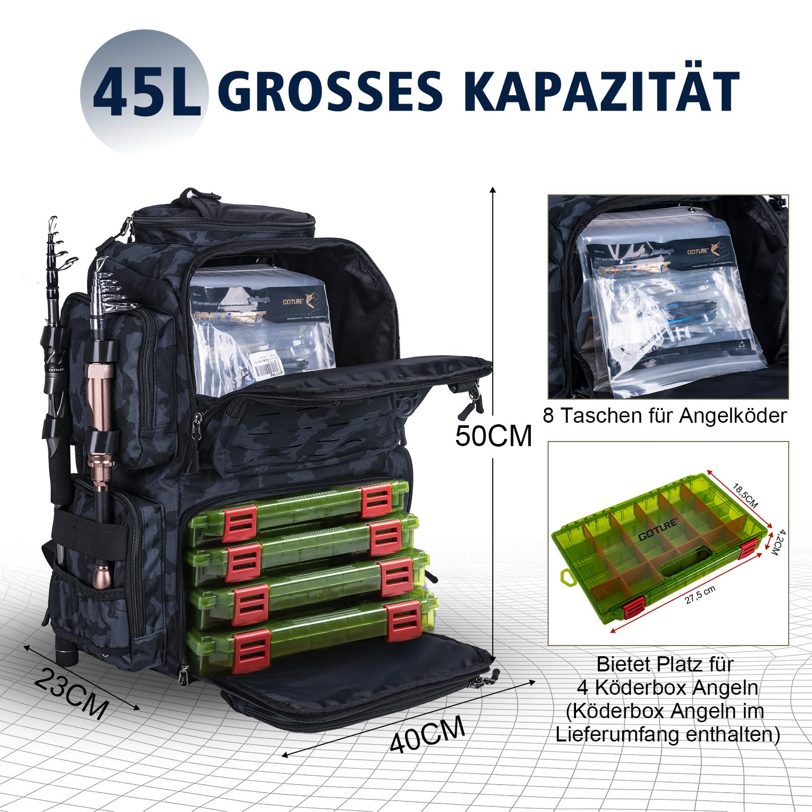 Goture Zaino da pesca, zaino per accessori da pesca con due supporti per canna e parapioggia, borsa per attrezzi da pesca impermeabile con scomparto regolabile e 8 tasche per esche, zaino da 45 litri