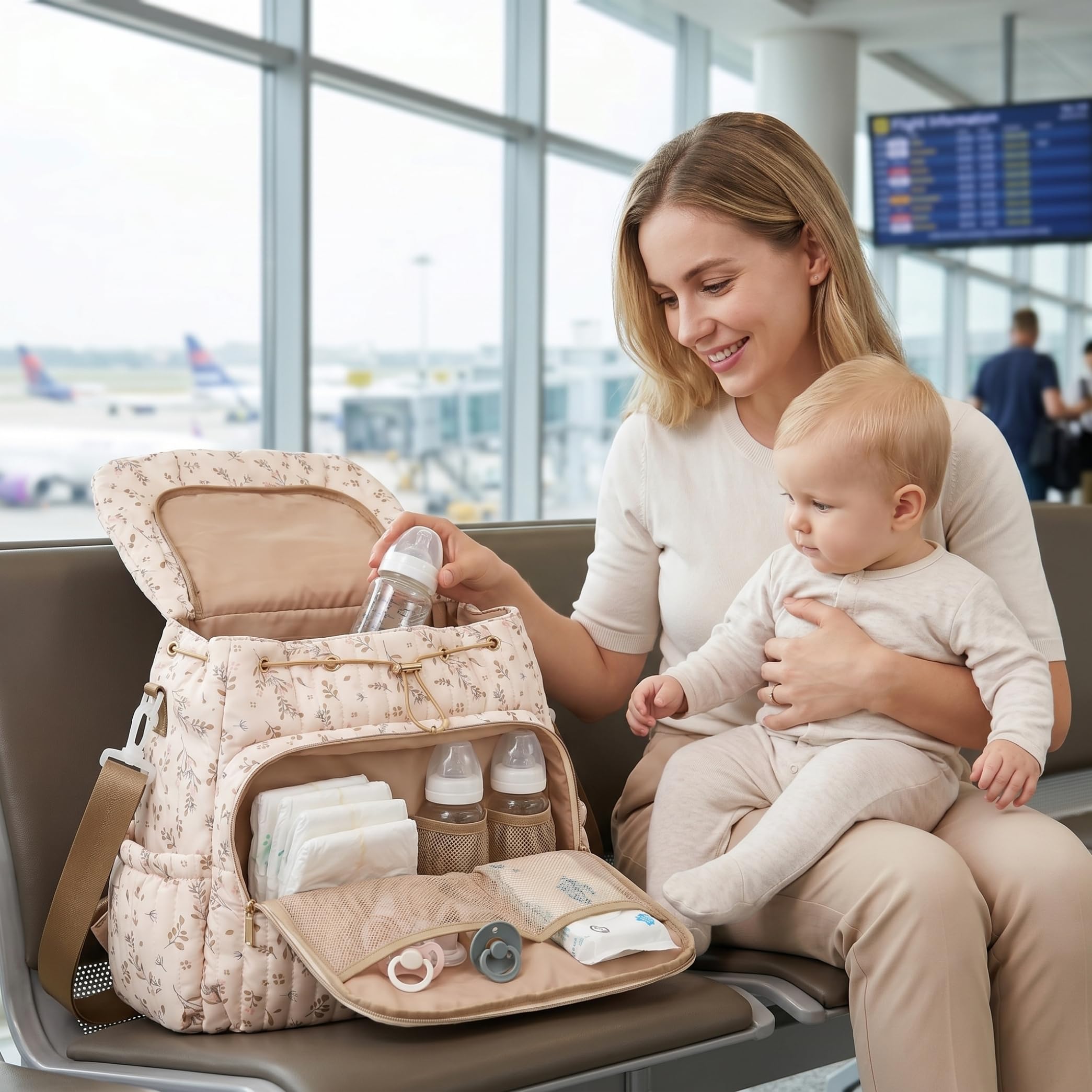 Bolsa de pañales floral, mochila de pañales floral, bolsa de múltiples bolsillos para madres, elegante mochila de viaje y al aire libre para madre (beige)