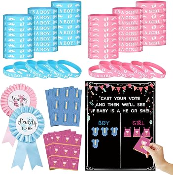 Gender Reveal Party Decoration, Gender Reveal Voting Stand Chalkboard Design with Voting Stickers, 54pcs Stickers 40pcs Silicone Wristbands for Revealing Party Baby Shower