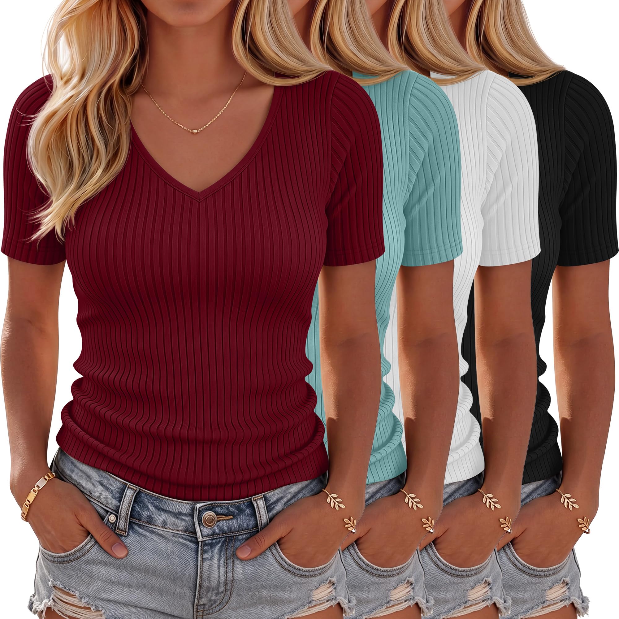 Neer Lot de 4 t-shirts à col en V en coton côtelé à manches courtes et coupe ajustée pour femme