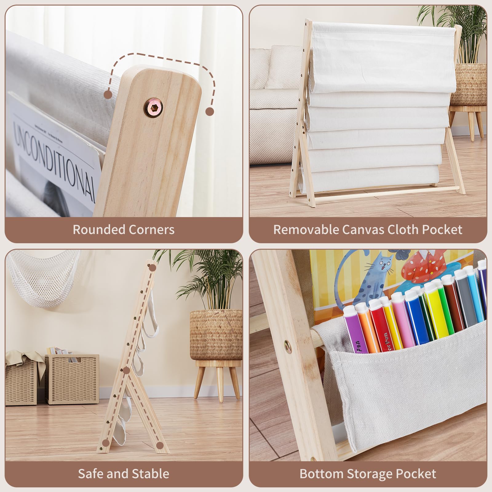 Bibliothèque pour enfants, 6 niveaux, étagère à livres, rangement, présentoir, accès facile, organisateur de livres en bois avec poche pour chambre d'enfant et salle de jeux (Beige)