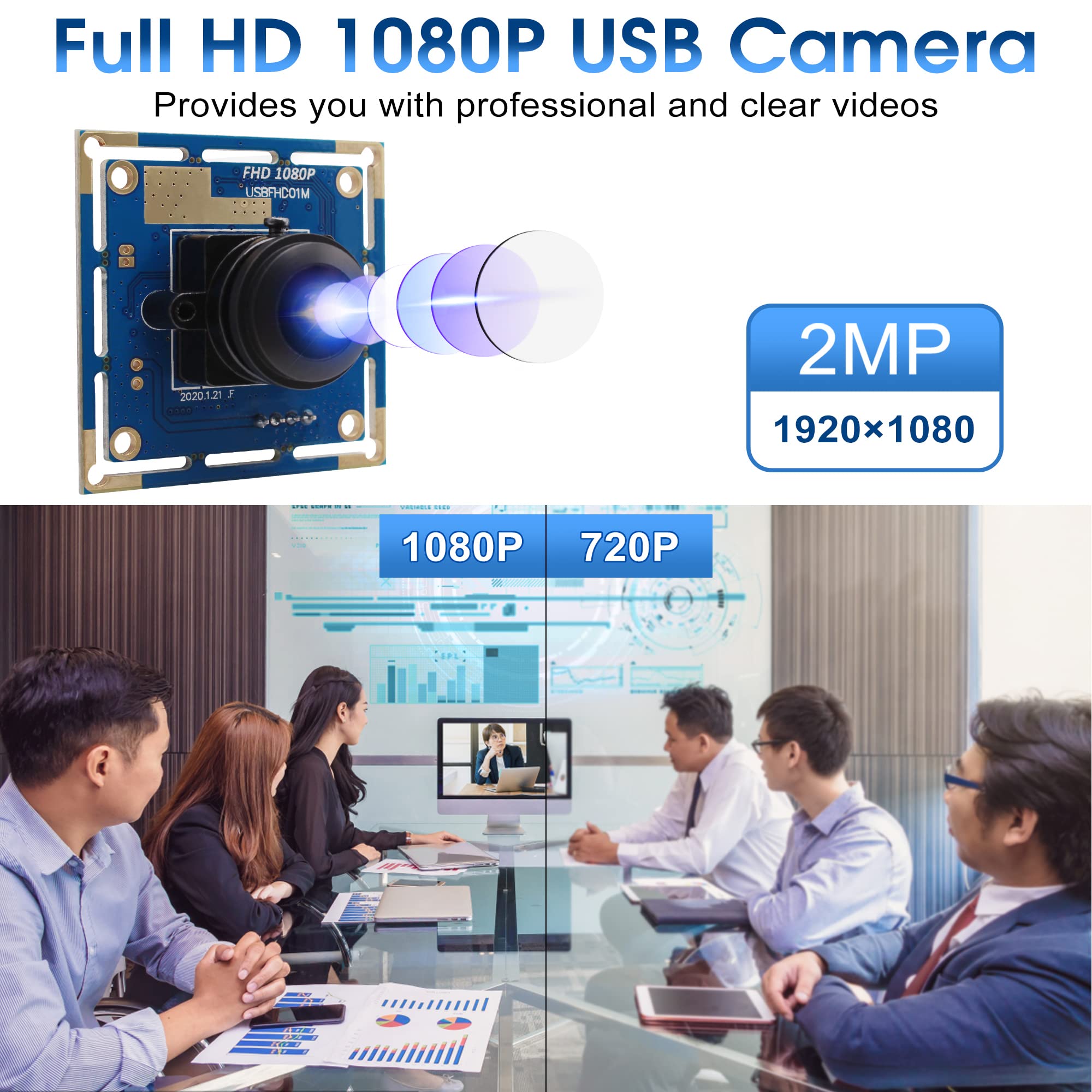 ELP Cámara web USB de 180 grados con lente ojo de pez de 2 megapíxeles, 1080p, gran angular, para PC, cámara web USB para Android/Linux/Windows