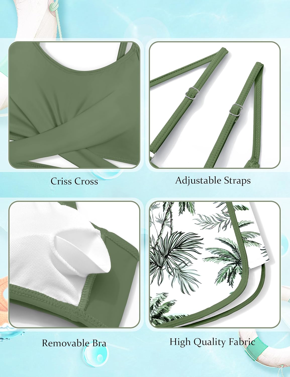 Girls Swimsuit 3 Piece Bathing Suit Criss Cross Bikini Set Girls' Swimwear with Shorts 7-16T Green 11-12 Years image 4 of 6 B0DHL166Q7