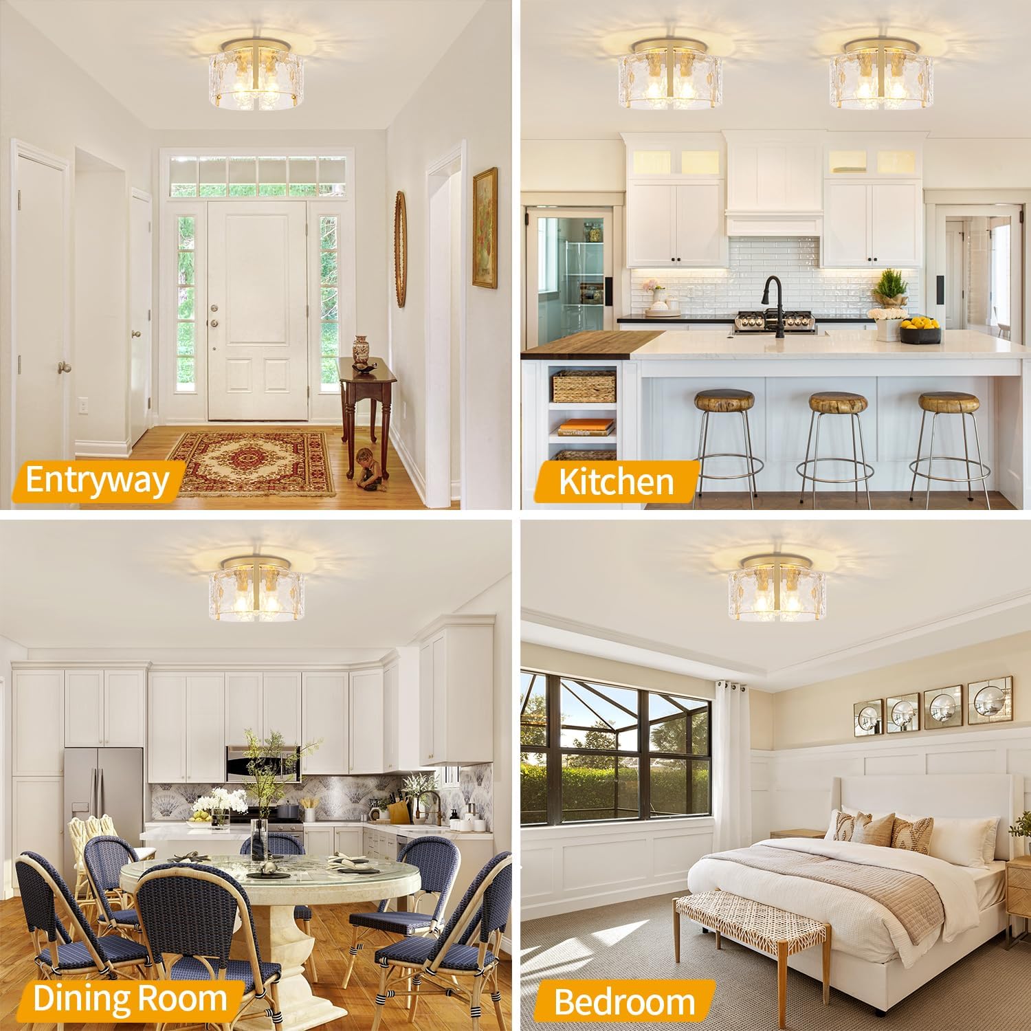 15'' Modern Gold Semi Flush Mount Ceiling Light, 3-Light Glass Drum Light Fixtures, Ceiling Lights for Hallway Entryway Foyer Bedroom Kitchen Island Dining Room Laundry Room Bathroom Lighting Fixture