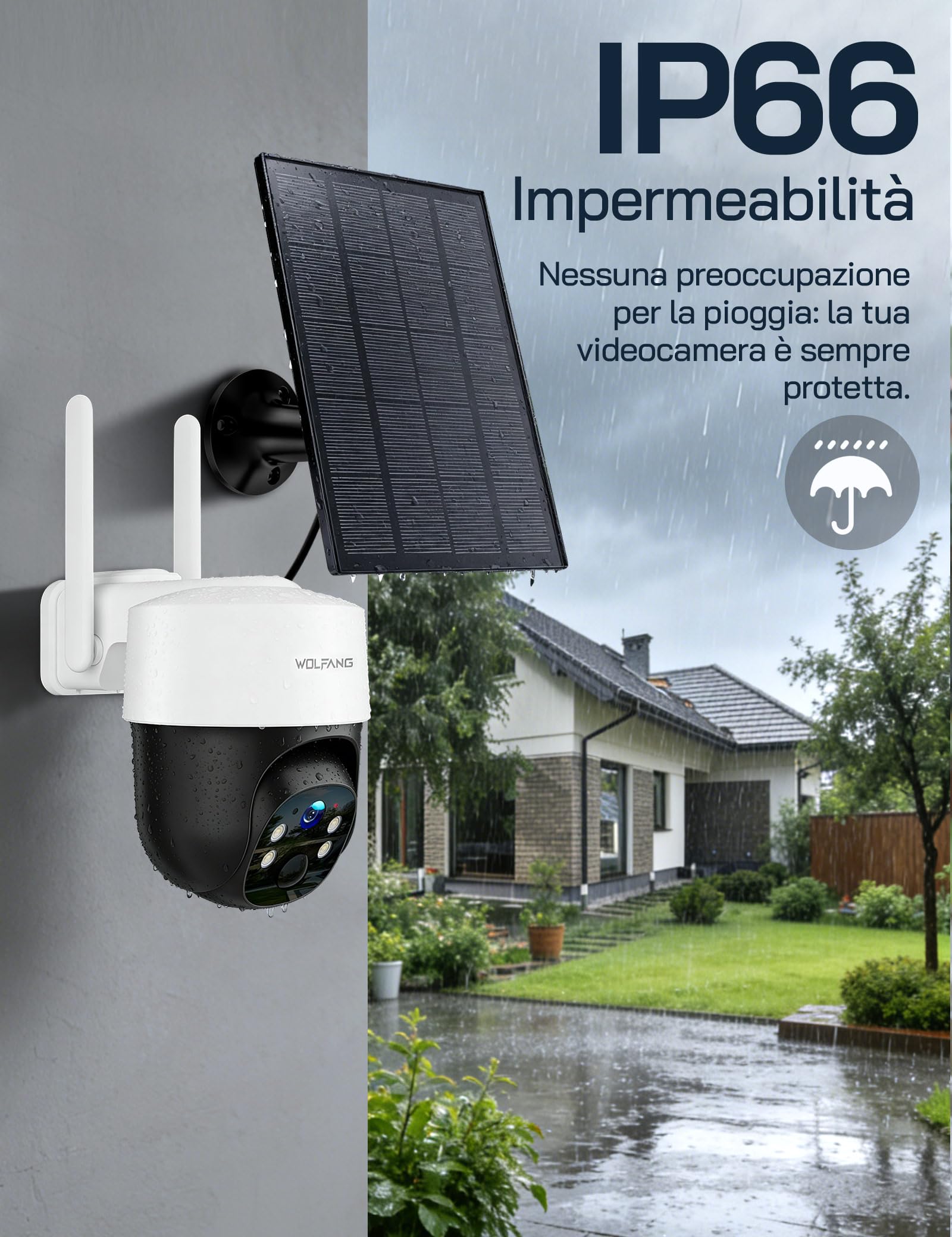 WOLFANG Telecamera Esterno 4G con SIM, Telecamera Senza WiFi, Pannello Solare, 2.5K HD, Visione Notturna con Faro, Audio Bidirezionale, PIR, Registrazione Locale, Scheda microSD 32 GB