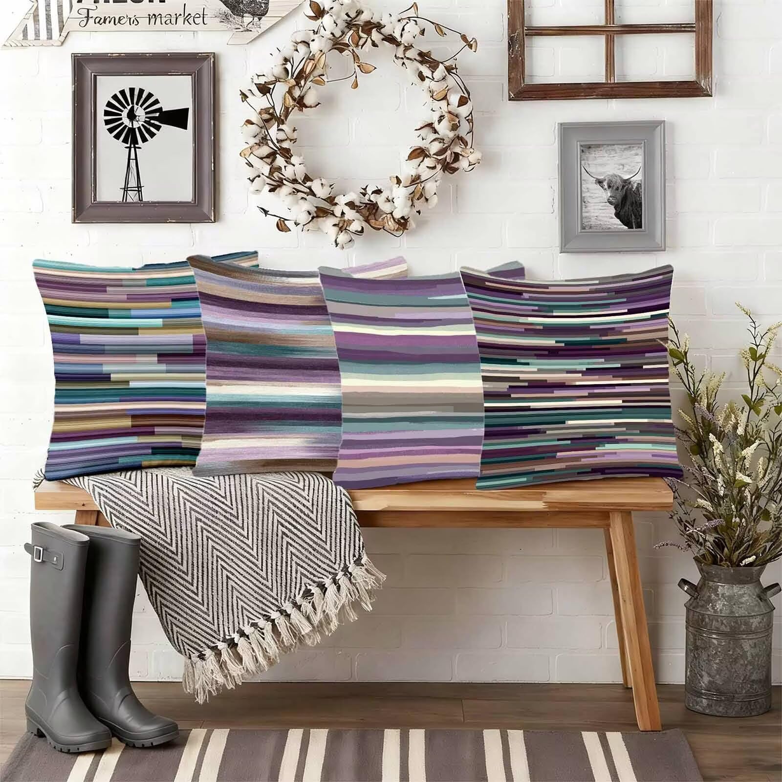 Fioletowa poszewka na poduszkę 75 x 75 cm, zestaw 4 szt., wodoszczelna, lniana poszewka na poduszkę, w paski, na sofę, kwadratowa poduszka dekoracyjna do pokoju, dekoracja salonu, z ukrytym zamkiem