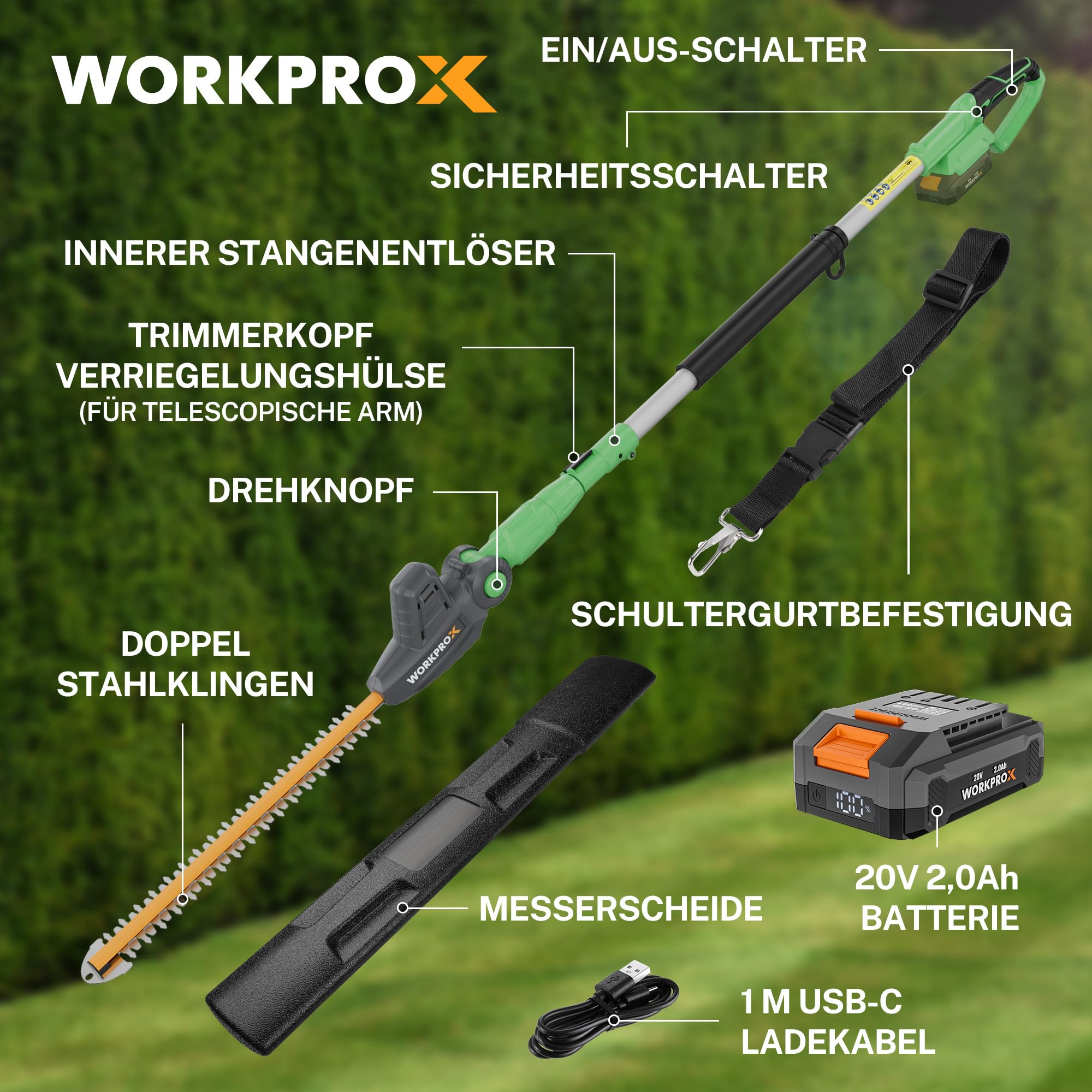 WORKPROX Akku Teleskop-Heckenschere 20V mit 2,0Ah Batteie & Typ-C Ladekabel, 2,8m Heckenschere Schnittlänge 45cm, Ø18mm, Heckentrimmer mit Teleskopstange für Garten, Hohen Hecken & Sträucher