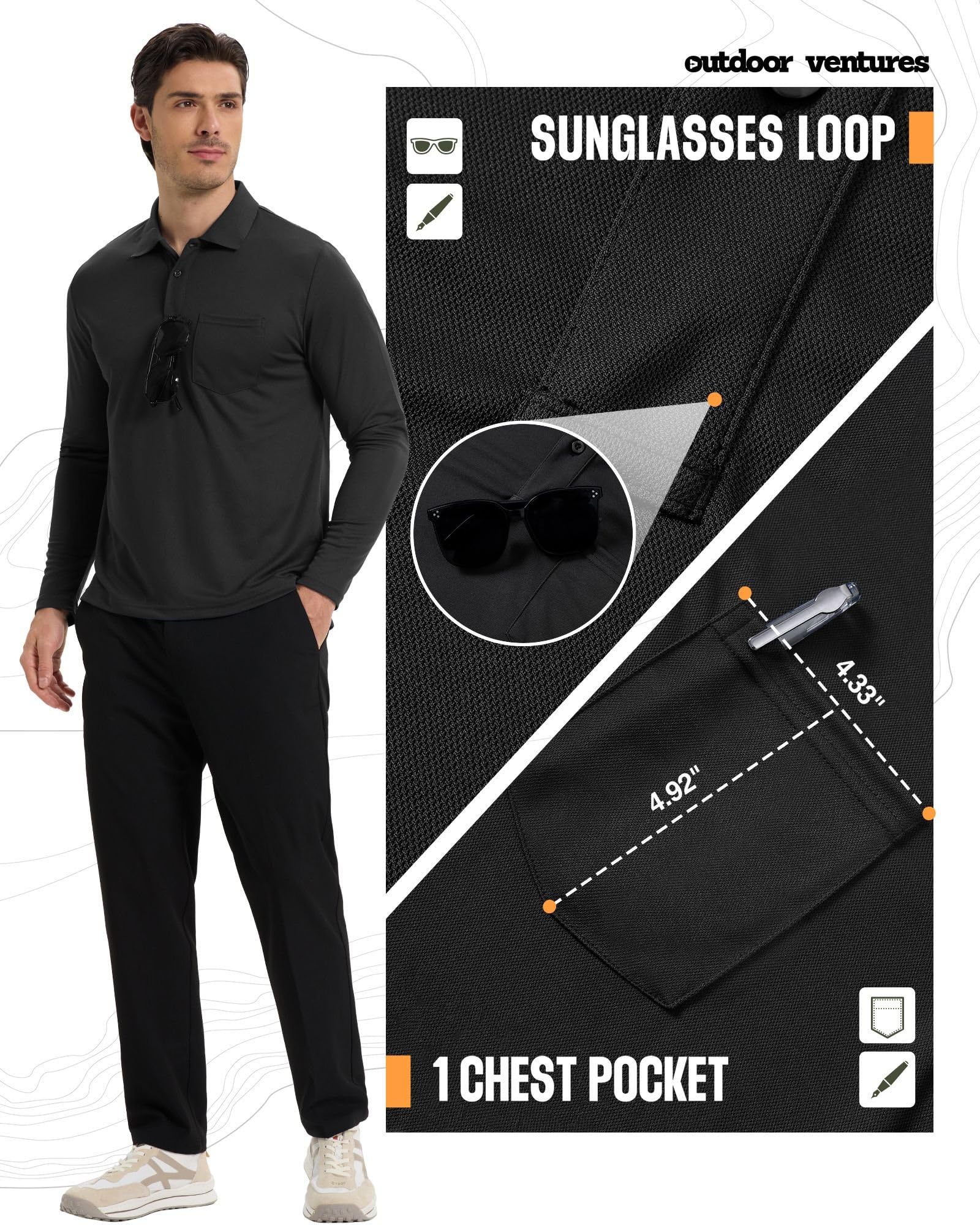 Outdoor Ventures Polo à manches longues pour homme - Protection solaire UPF50+ - Protection UV - T-shirt de golf - T-shirt de sport pour homme - Léger et respirant - Polo décontracté pour le tennis