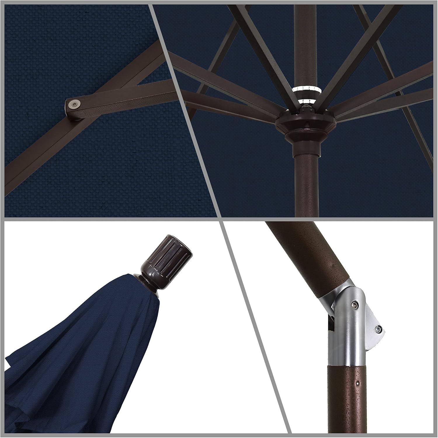 California Umbrella 9' Round Aluminum Market Umbrella, Crank Lift, Collar Tilt, Bronze Pole, Navy Blue Olefin