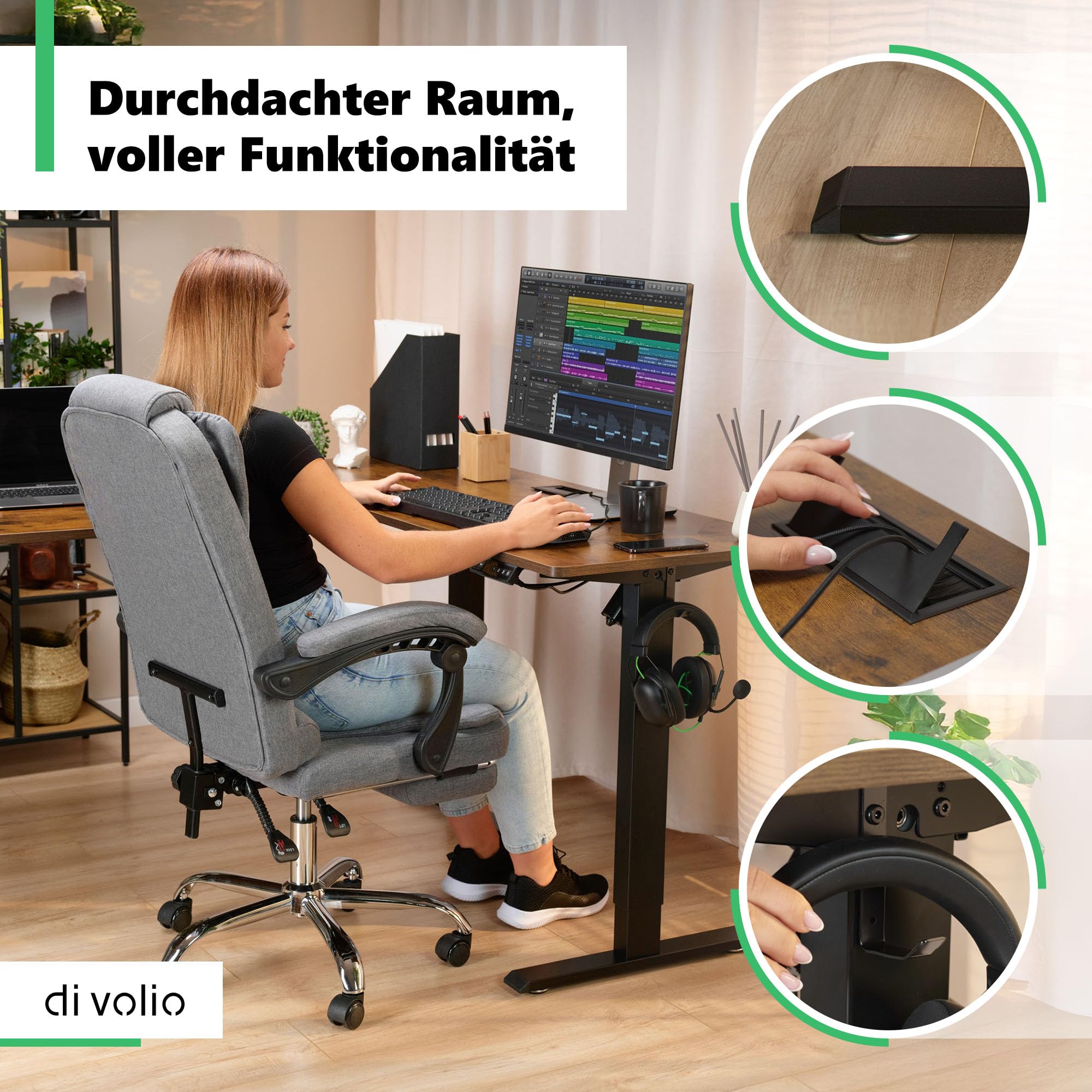 di volio Höhenverstellbarer Eckschreibtisch Braun Rechts 192×137 cm Trani | Elektrischer L-Schreibtisch, 2 Motoren, Memory-Funktion, stabile Konstruktion, Kabeldurchlässe, Haken, für Homeoffice