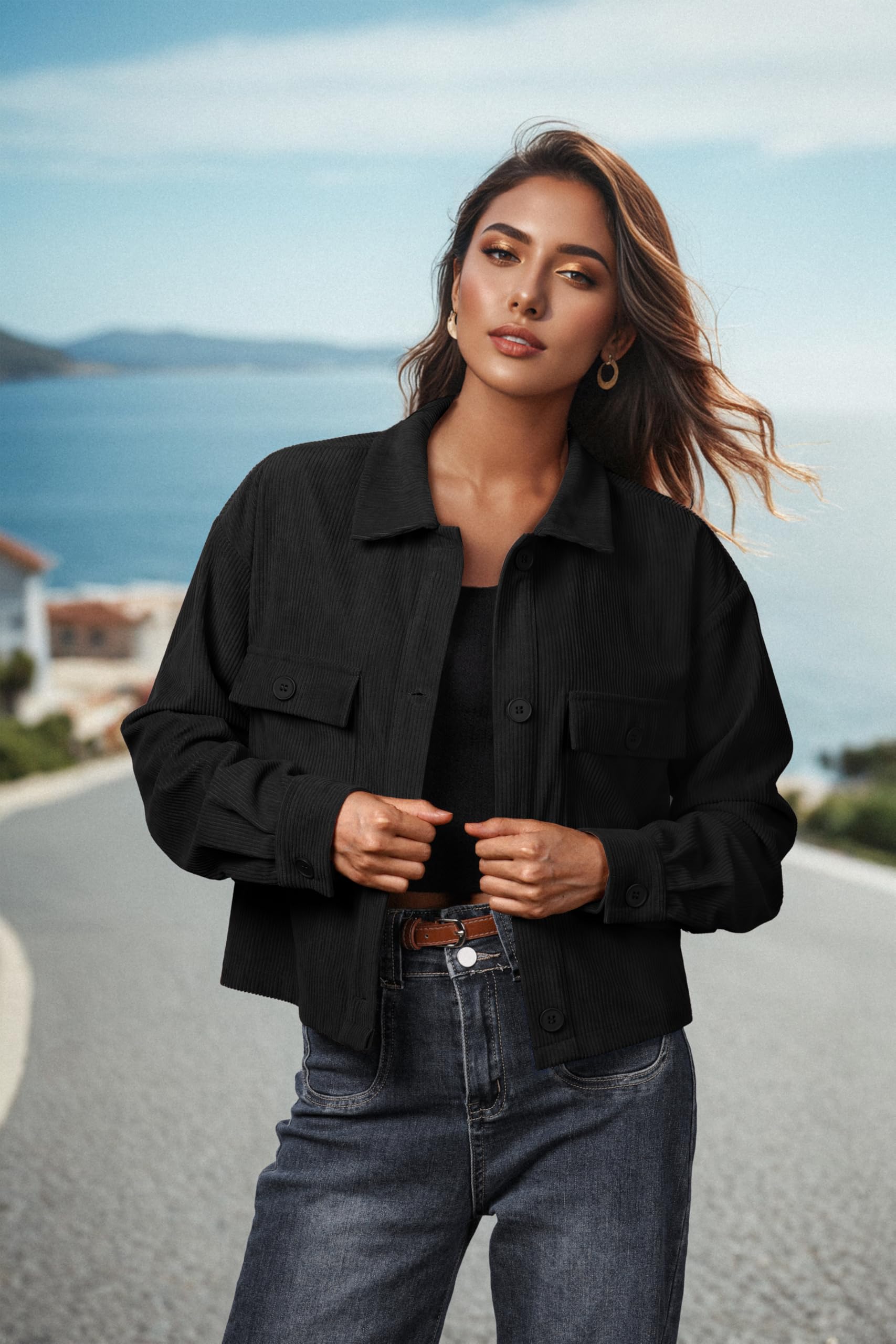 IWOLLENCE Veste en velours côtelé pour femme - Manches longues - Revers - Boutonné - Manteau shacket