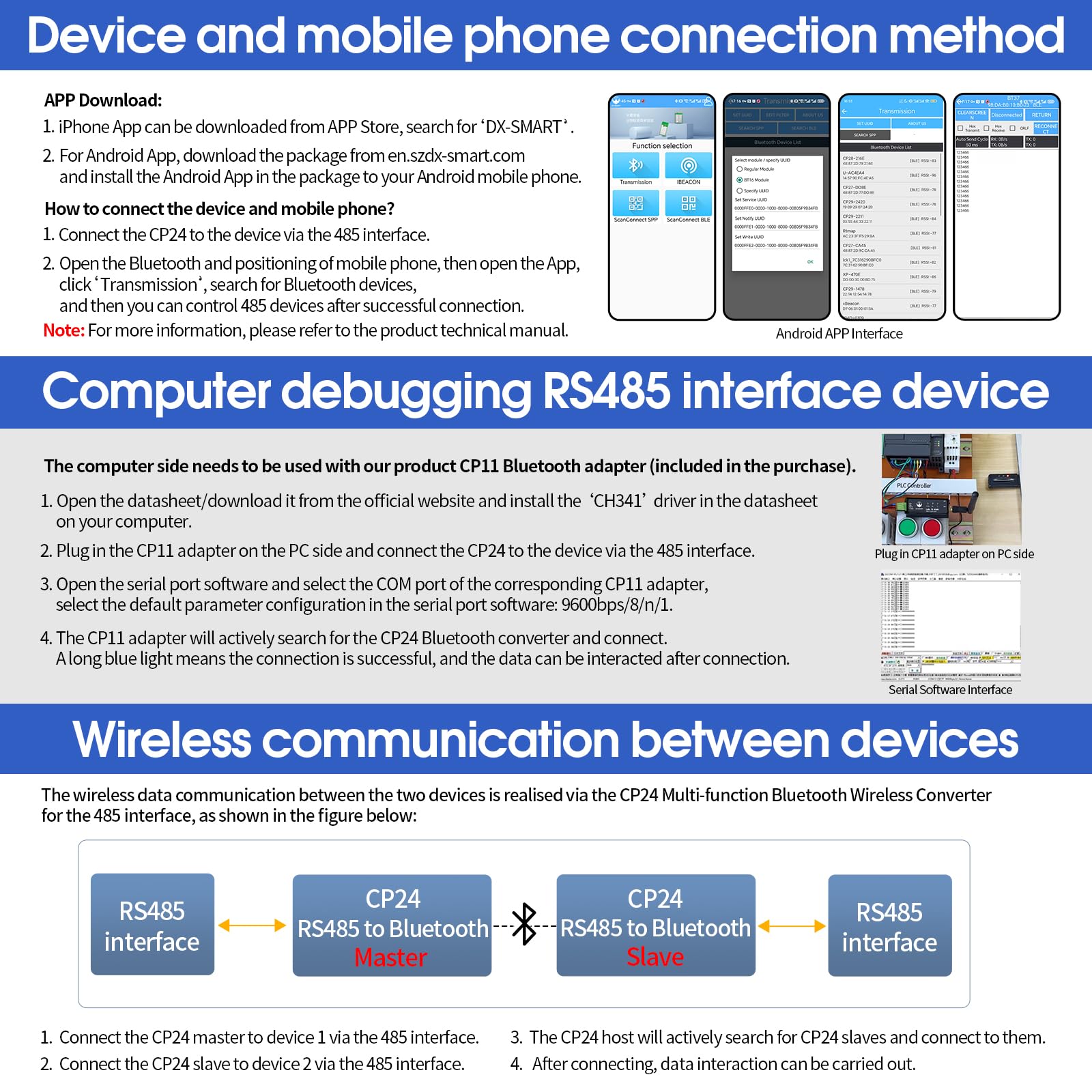 DX-CP24 RS485 auf Bluetooth Serieller Adapter Industrielles drahtloses Bluetooth-Kommunikationsmodul zu Konverter, ändern Sie kabelgebundenes Gerät auf drahtlos, unterstützt Modbus-Protokoll, DC 5-36V