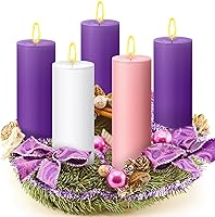 Vista 12 de Cindeer Juego de 5 velas de Adviento de 5 x 8 cm para coronas de Adviento, portavelas, votivas, color morado y rosa, velas de columna perfumadas