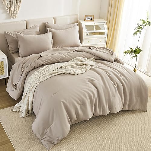 Miniatura 3 de Litanika Juego de edredón tamaño matrimonial, color avena, 7 piezas, ropa de cama en una bolsa, juego de ropa de cama ligero y liso con edredón,