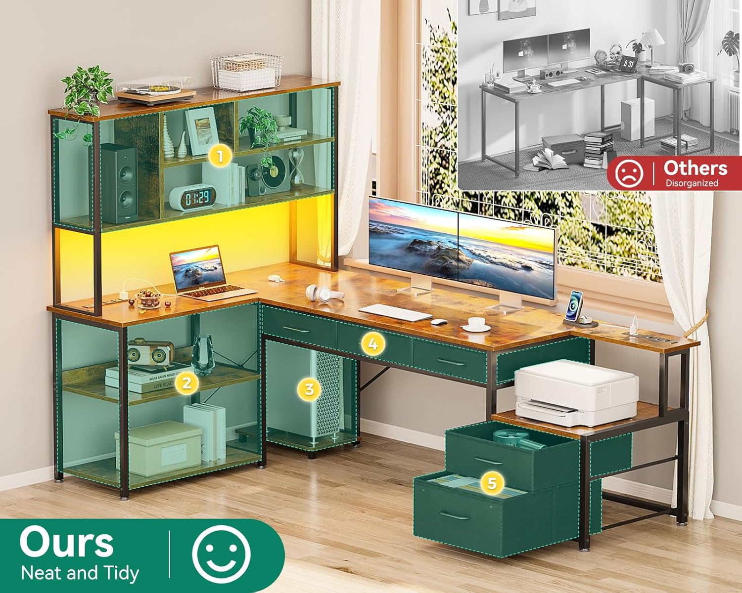 AODK 79 inch L Shaped Desk with 5 Drawers, Reversible L Shaped Gaming Desk with LED Light & 2 Power Outlets, Computer Desk with Storage Shelves for Home Office, Vintage Vintage 79 inch