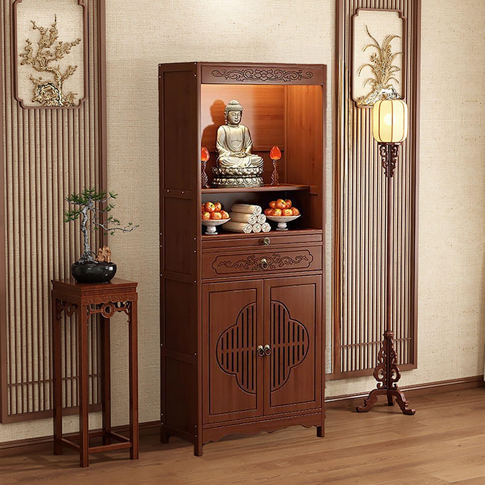 Itetone Walnut Buddhist Altar Table With Storage Drawers, Chinese Buddhist Prayer Altar Cabinet, Temple For Home, Pooja Mandir (, 20.4 * 13 * 67In)