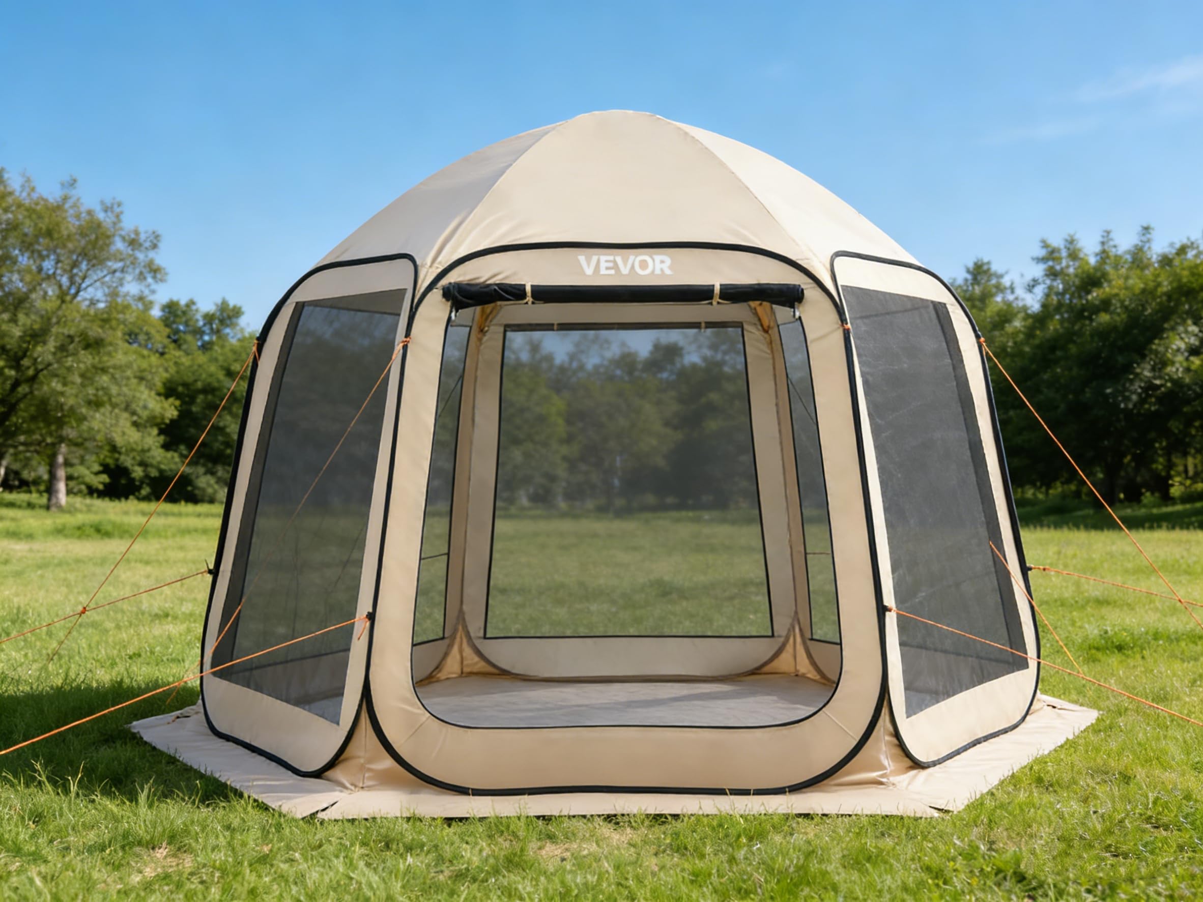 VEVOR Tenda da Campeggio Trasparente con Finestra 3030 x 2650 x 2300 mm Tenda Gazebo a Baldacchino per 4-​8 Persone, con Borsa per il Trasporto, Lati in Rete, per Patio e Attività all'Aperto, Beige