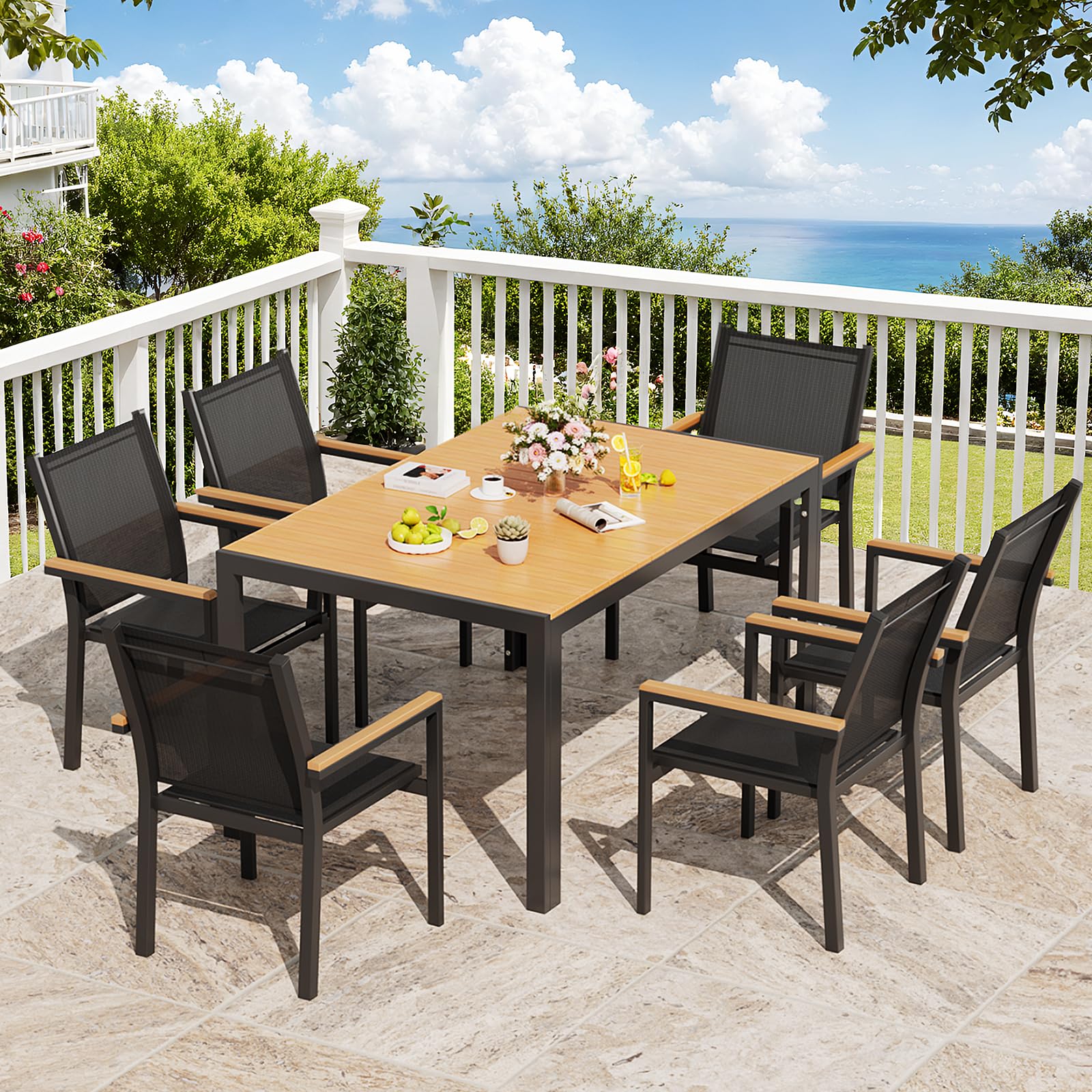 LIFERUN Tavolo da giardino grande, resistente alle intemperie, 140 x 90 x 75 cm, in alluminio, con piano in WPC, tavolo da pranzo rettangolare, per 6 persone, robusto giardino, terrazza, balcone