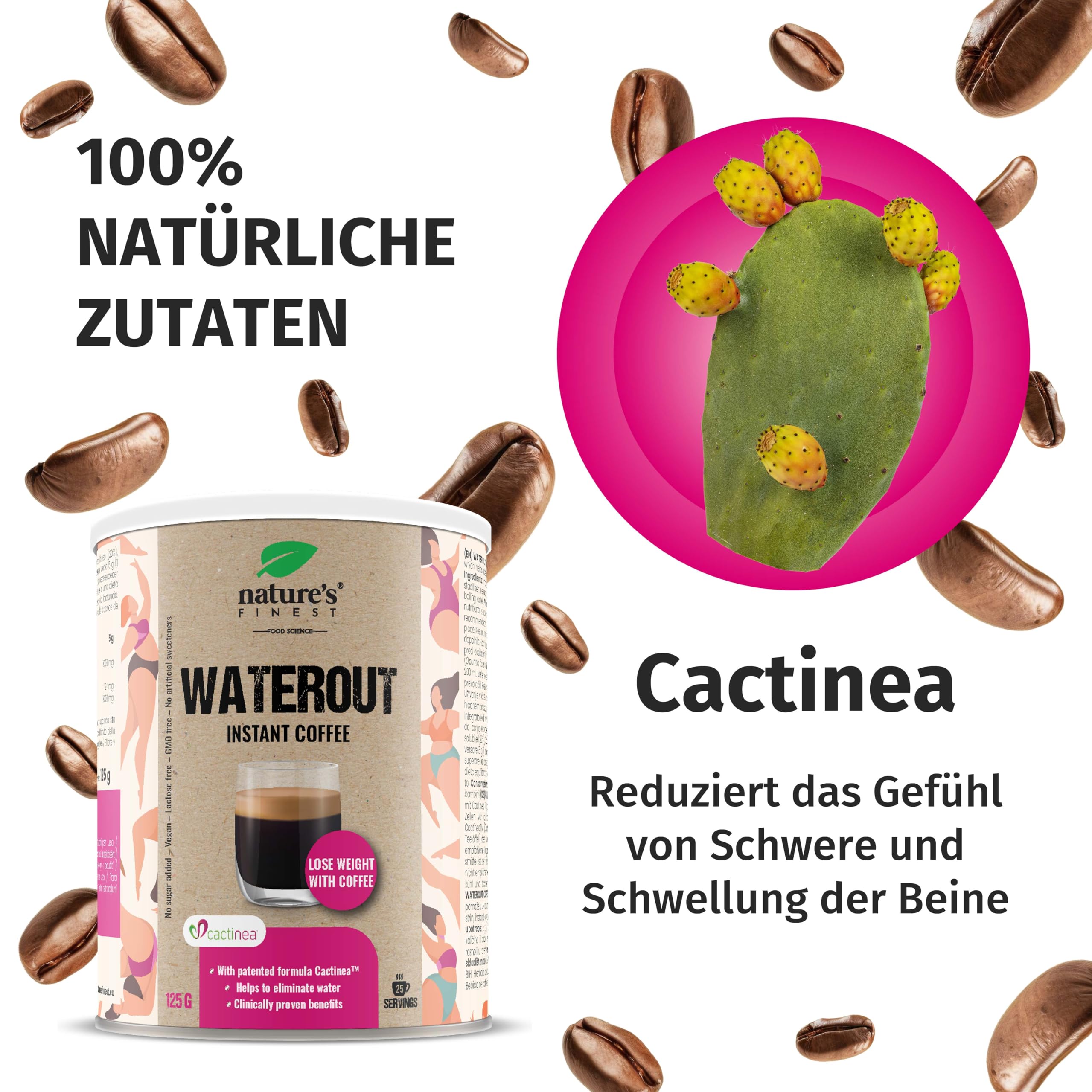 Nature's Finest WaterOut Coffee, Instant-Kaffee 375 g (3er Pack) | Instant-Kaffee (20 % Arabica) mit Cactinea Kaktusfeige - vegan, aromatisch, in Sekunden zubereitet