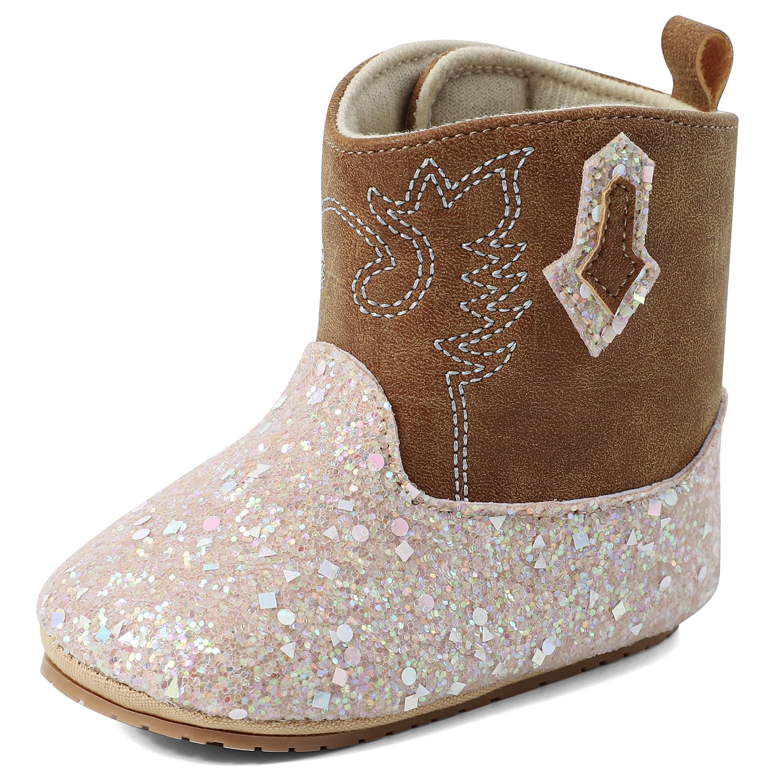 LACOFIA Buty niemowlęce dla dziewczynek, buty do nauki chodzenia, Bling Bling Bootie, kowbojki, buty westernowe z antypoślizgową miękką podeszwą, dla dzieci w wieku 3-18 miesięcy