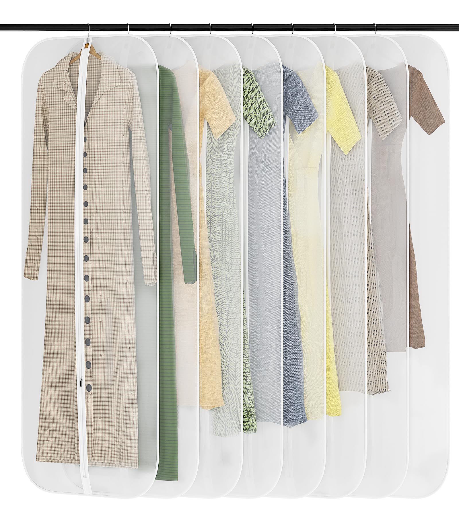 GoMaihe Kleidersack 8-Stück Lang 60CM×160CM Transparent Anzug: Kleidersäcke mit Reißverschluss für Anzüge Kleider Abendkleider Jacken Mäntel Kleidung Aufbewahrung Weiß