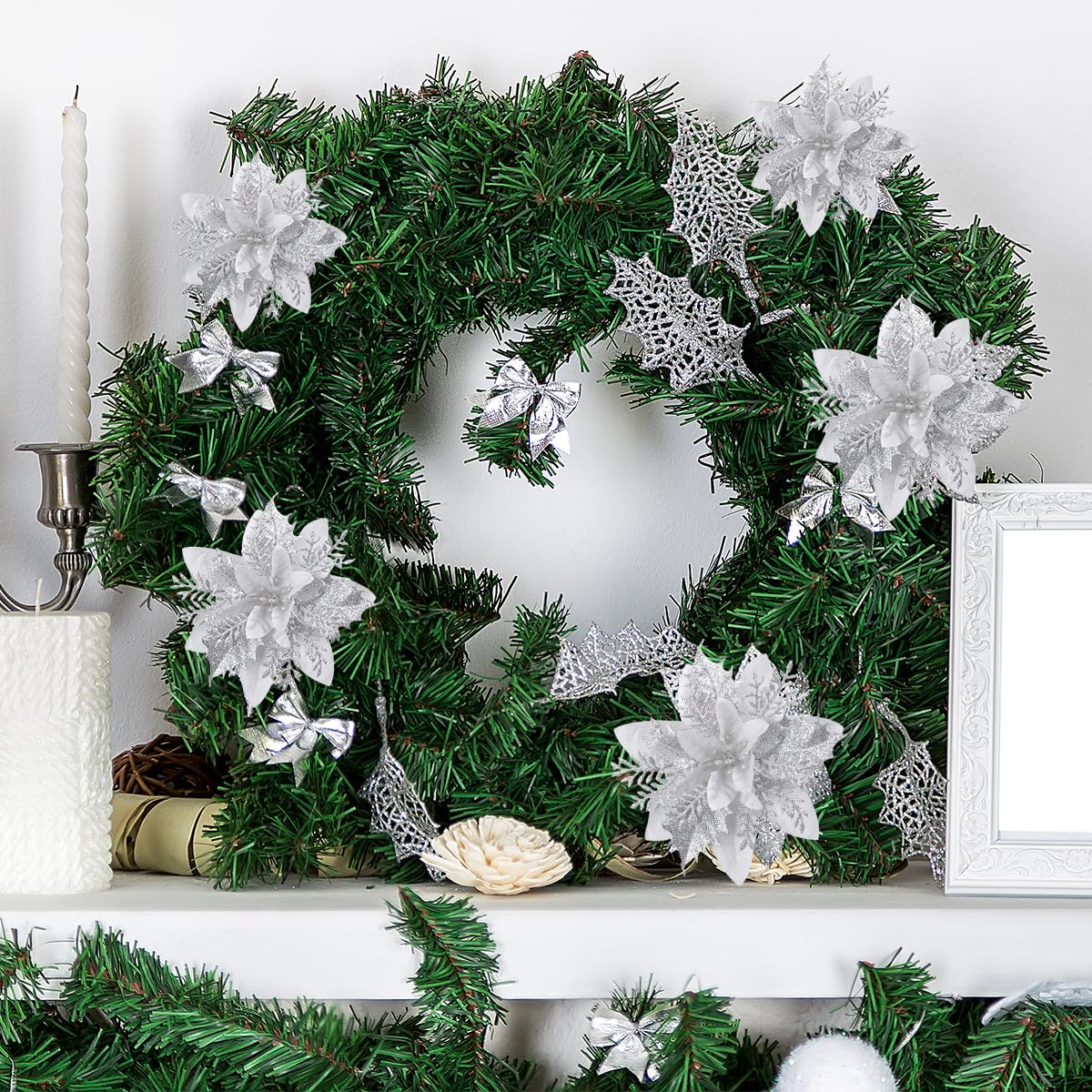 Leixi 12Pcs Poinsettia Flower Artificial Pointsettia with Clips Christmas Decor Glitter Poinsettia Christmas Ornaments Tree Flower Decor with Stems DIY Xmas Wreath Holiday Party Decor (Sliver) - Image 3
