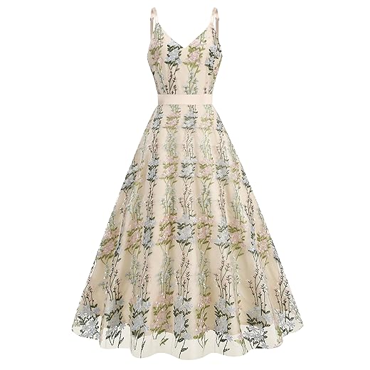 Long Floral Embroidery Dress for Women Flower Embroidered Maxi Dress Spaghetti Straps Formal Evening Party Tulle Prom Dress