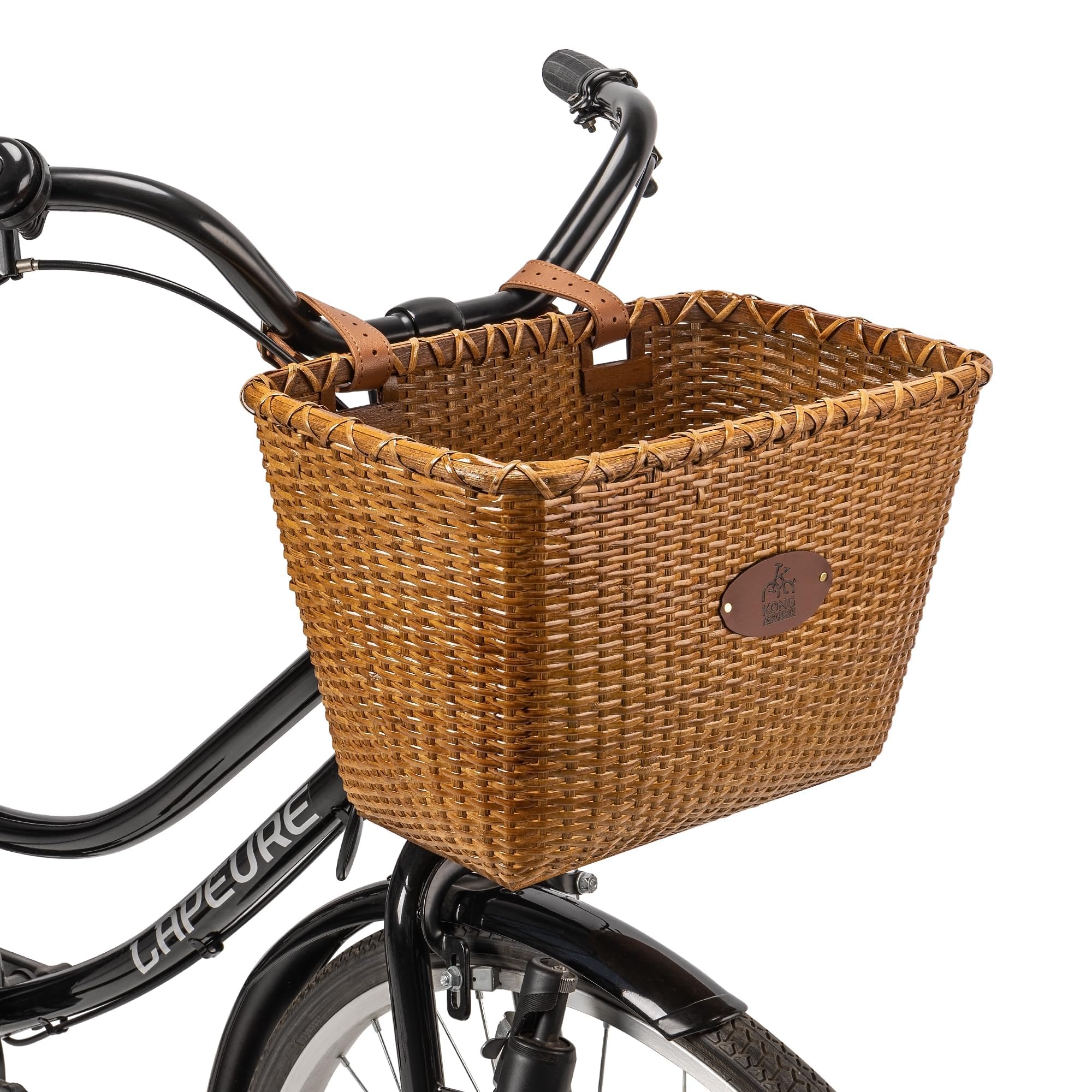 Panier de vélo – Design rétro, Guidon de vélo Robuste avec Support en Bois et Bretelles en Cuir, idéal comme Panier de vélo Avant