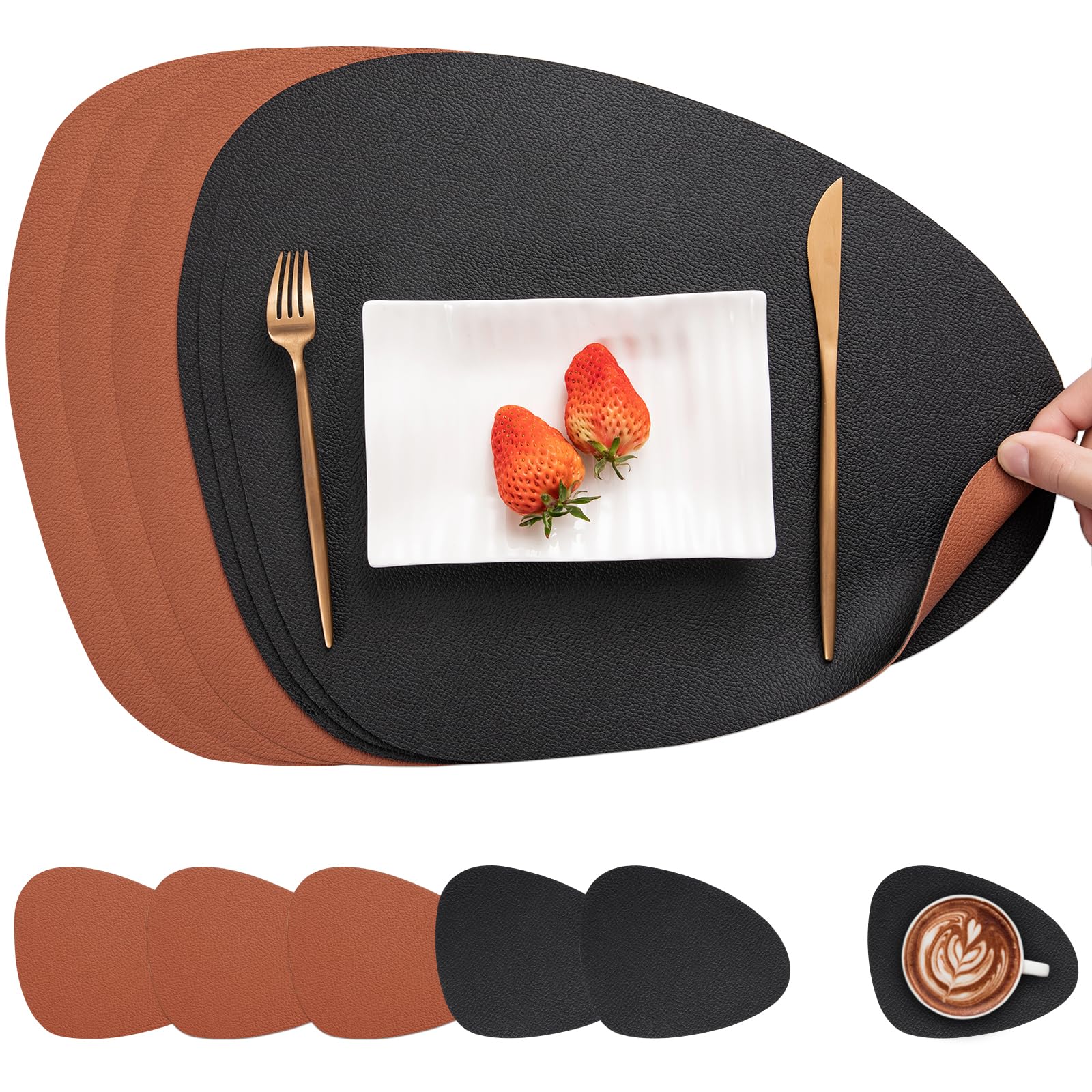 Myir JUN Placemats, Dual-Sided Placemats Waterproof Faux Leather Placemats Set of 6 Place Mats and Coasters Non-Slip Washable Table Mats for Dining