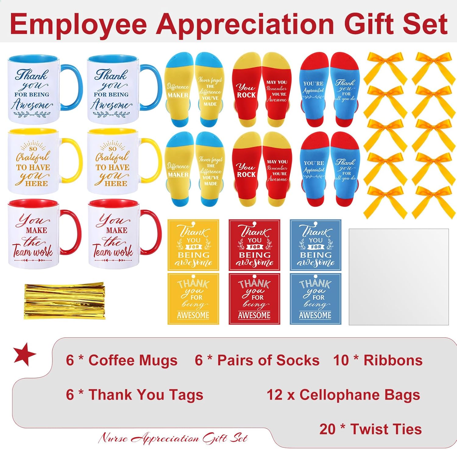 Capoda 6 Sets Employee Appreciation Gifts Bulk Inspirational Thank You Staff Mug Gift Set 12 oz Staff Inspirational Mugs Socks Thank You Tags Ribbons Cellophane Bags for Team Teacher Coworker - Image 2