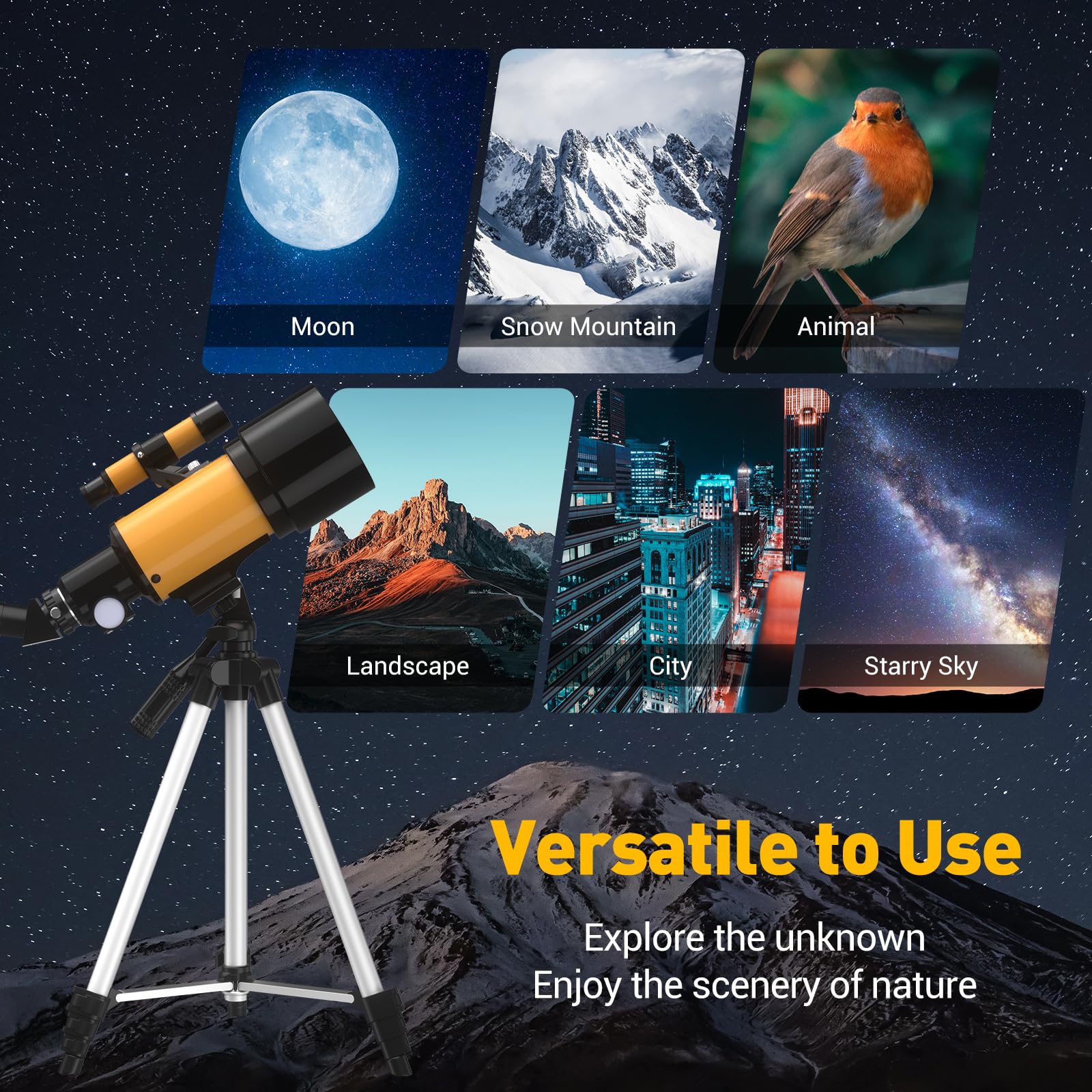Télescope Astronomique Kit, 400mm/70mm Lunette HD 200X Astronomique Réfracteur, avec Adaptateur de Téléphone Trépied Ajustable et Chercheur pour Débutants, Enfants et Amateurs pour Observer la Lune