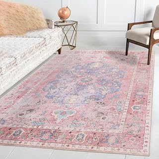 Area Rug 5x7 - Vintage Honeycomb Non Slip Backing Carpet - Ocean Pink Mixed Softer Thicker Faux Wool Rug