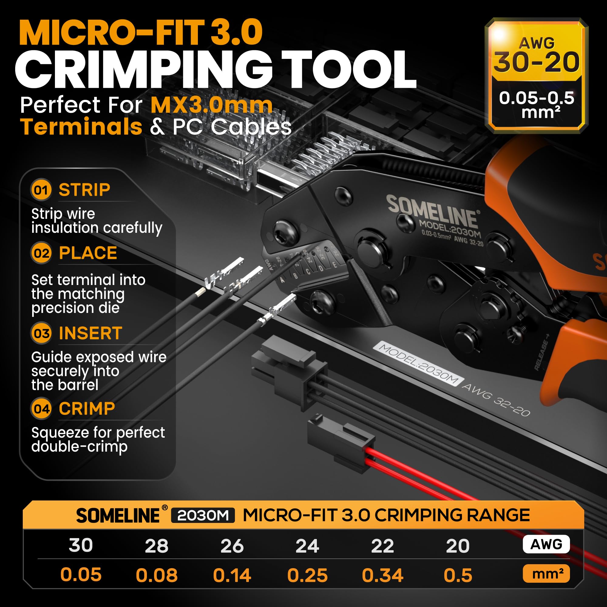 SOMELINE Crimpzange Micro-Fit 3,0 Stecker Set, 2-16 Polig (0,08-0,75mm²/28-18 AWG), mit Auspinwerkzeug, für 3D-Drucker, Modellbau, Robotik & SPS - Crimpwerkzeug kompatibel mit Molex, JST, Dupont, TE