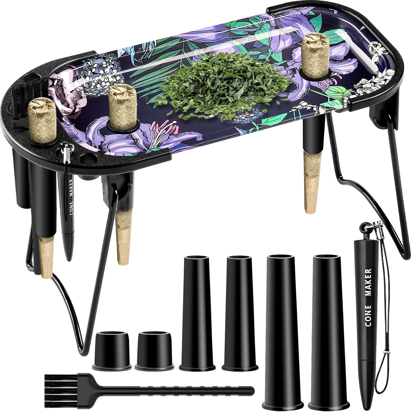 Metal Rolling Tray with Cone Loader, Cone Filler Roller, Rolling Machine & Tray for King Size & 11/4 Pre Rolled Cones, Great (Purple)