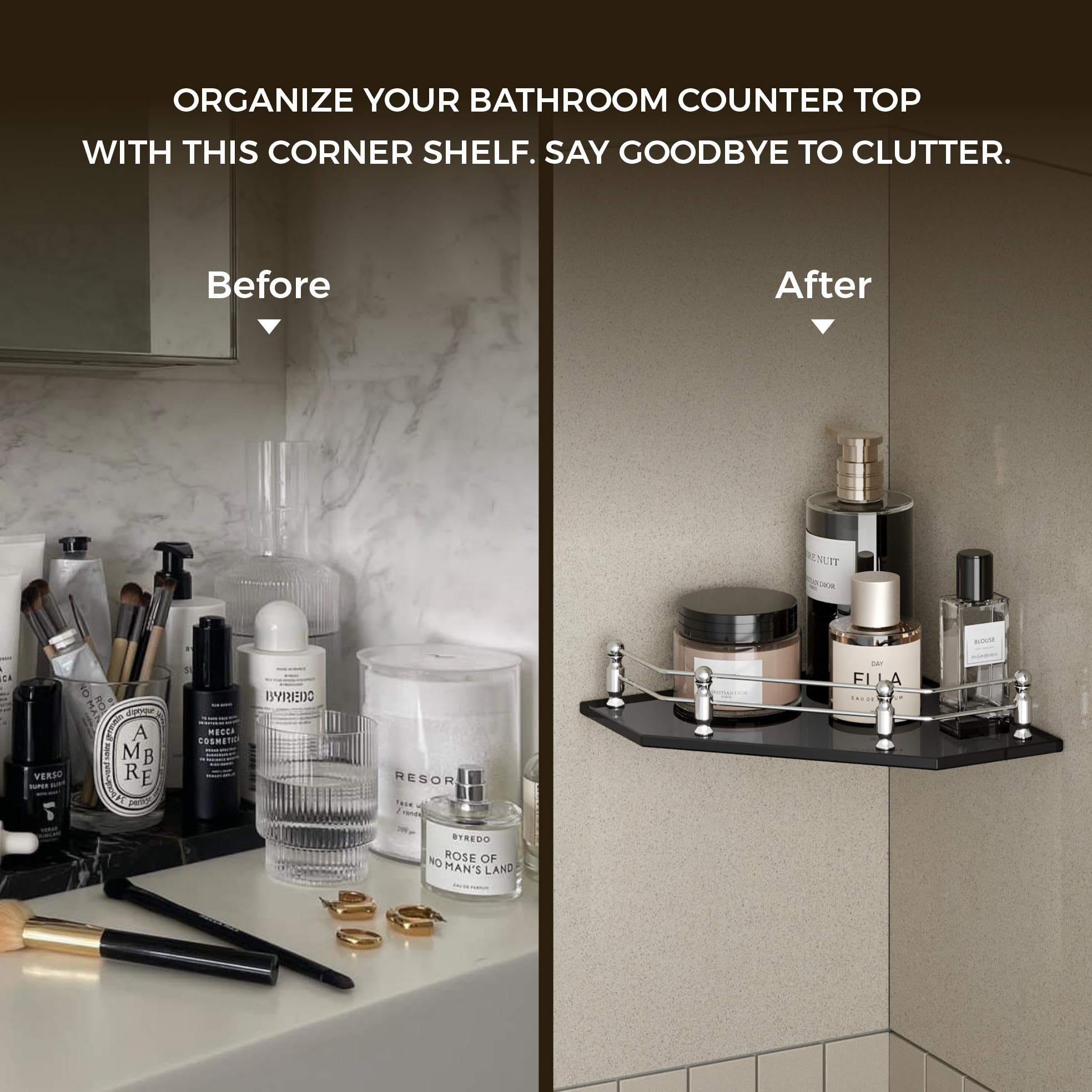 USF 9x9 Inches Glass Corner Shelf | Bearing Upto 10 Kg Weight | Bathroom Corner Rack | Black Finish | Wall Mounted Glass Corner Shelf | Bath Essentials | Pack of 2 3