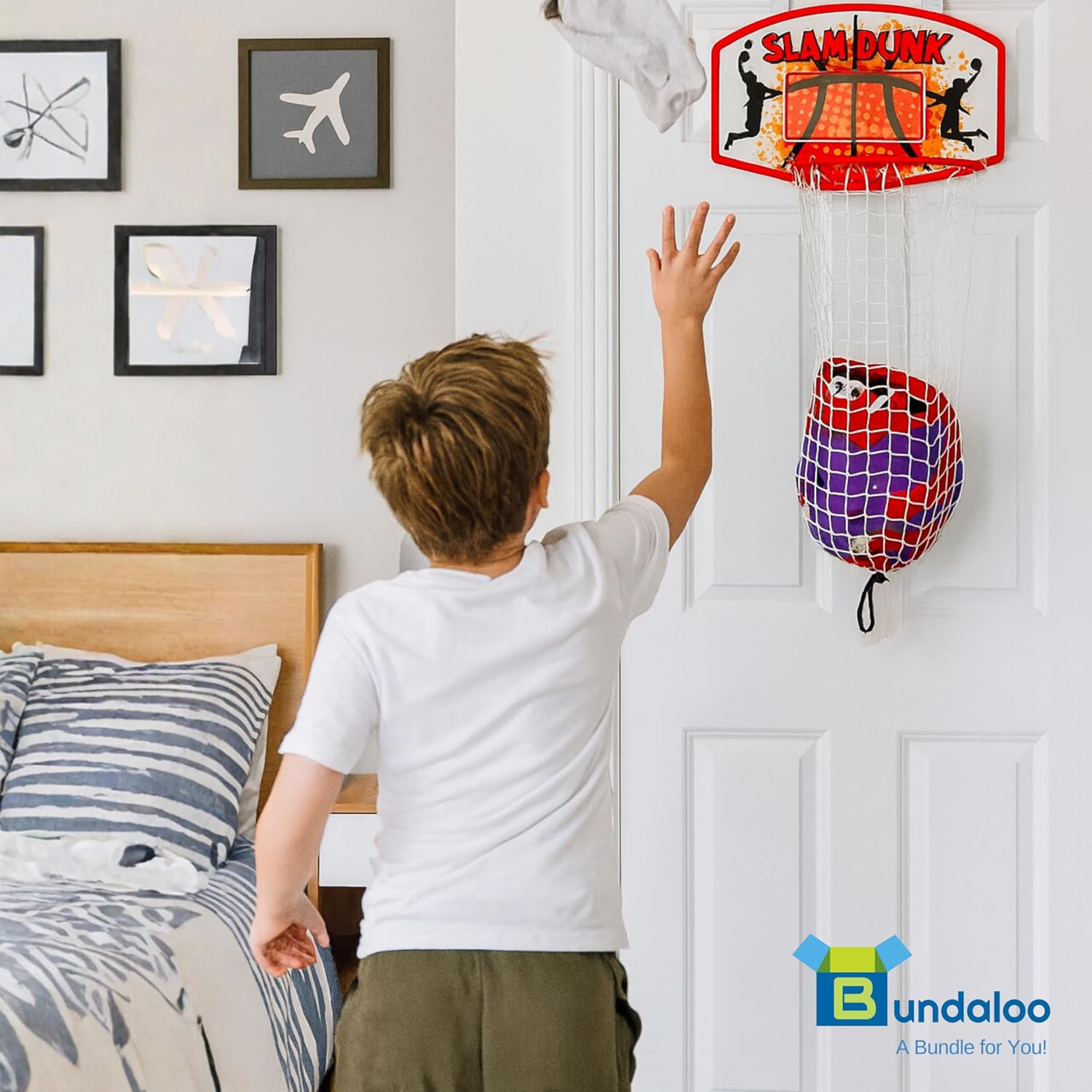 Bundaloo Basketball Laundry Hamper – Over-the-Door Hanging Hoop for Kids, Boys Bedroom Room Decor, 2-in-1 Laundry Bag & Hoop