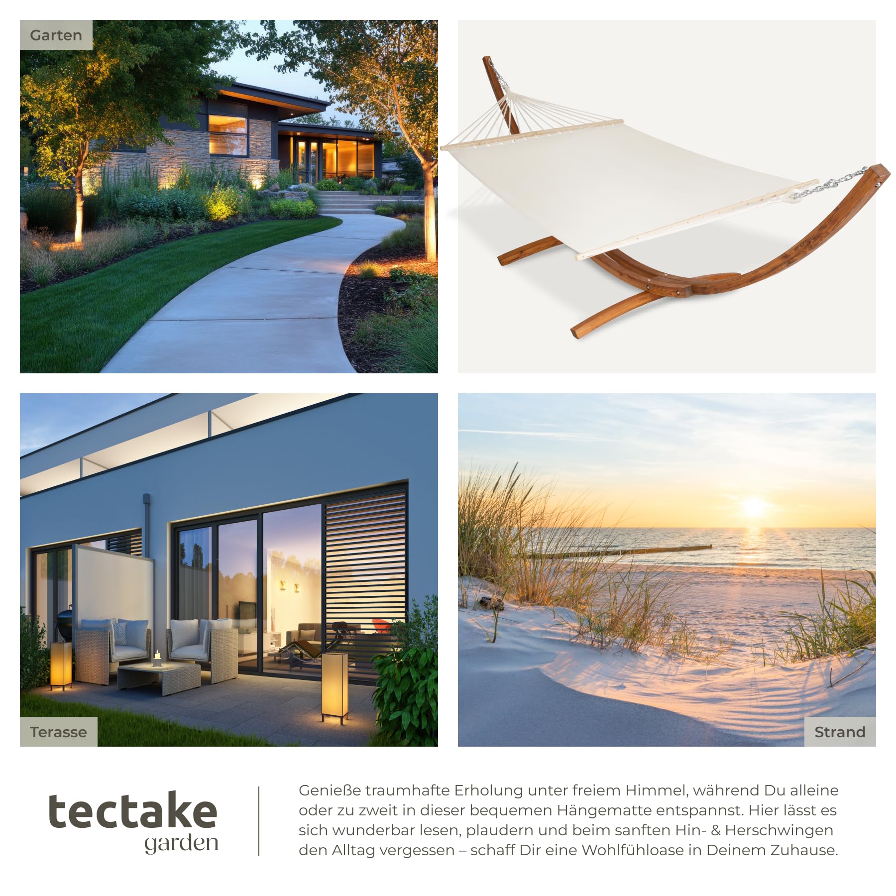 tectake® XXL Outdoor Hängematte für 2 Personen, Doppelliege mit Gestell, Liegefläche 205x150 cm, Belastbarkeit max. 200 kg, Gartenschaukel, Möbel für Balkon, Garten und Terrassen