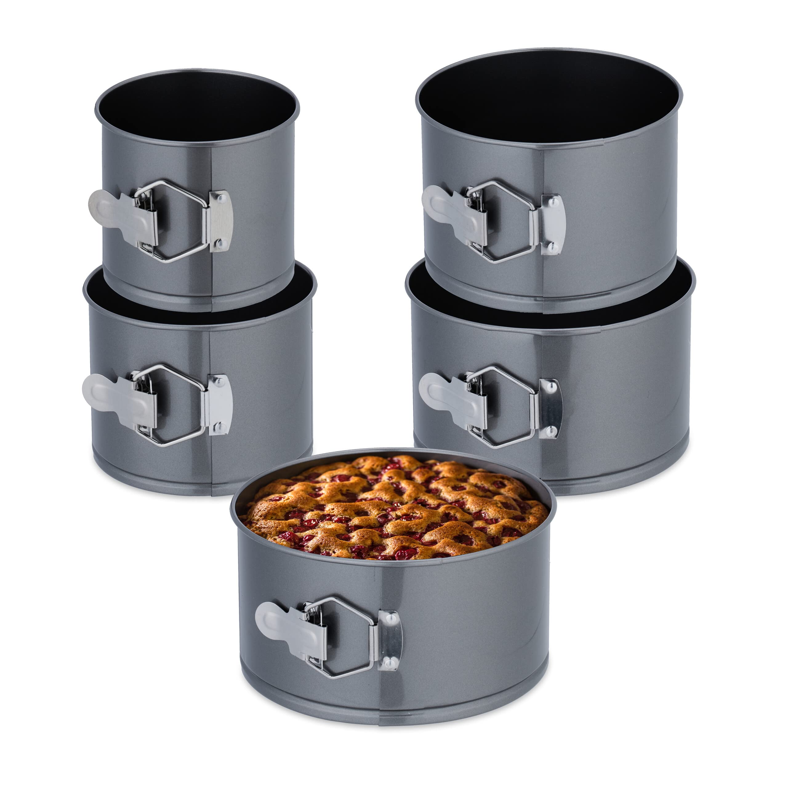 Relaxdays 5x Springform Pans, Round Baking Forms, Ø 12,14,16,18,20 cm, Stainless Steel, Non-stick Coating, Anthracite