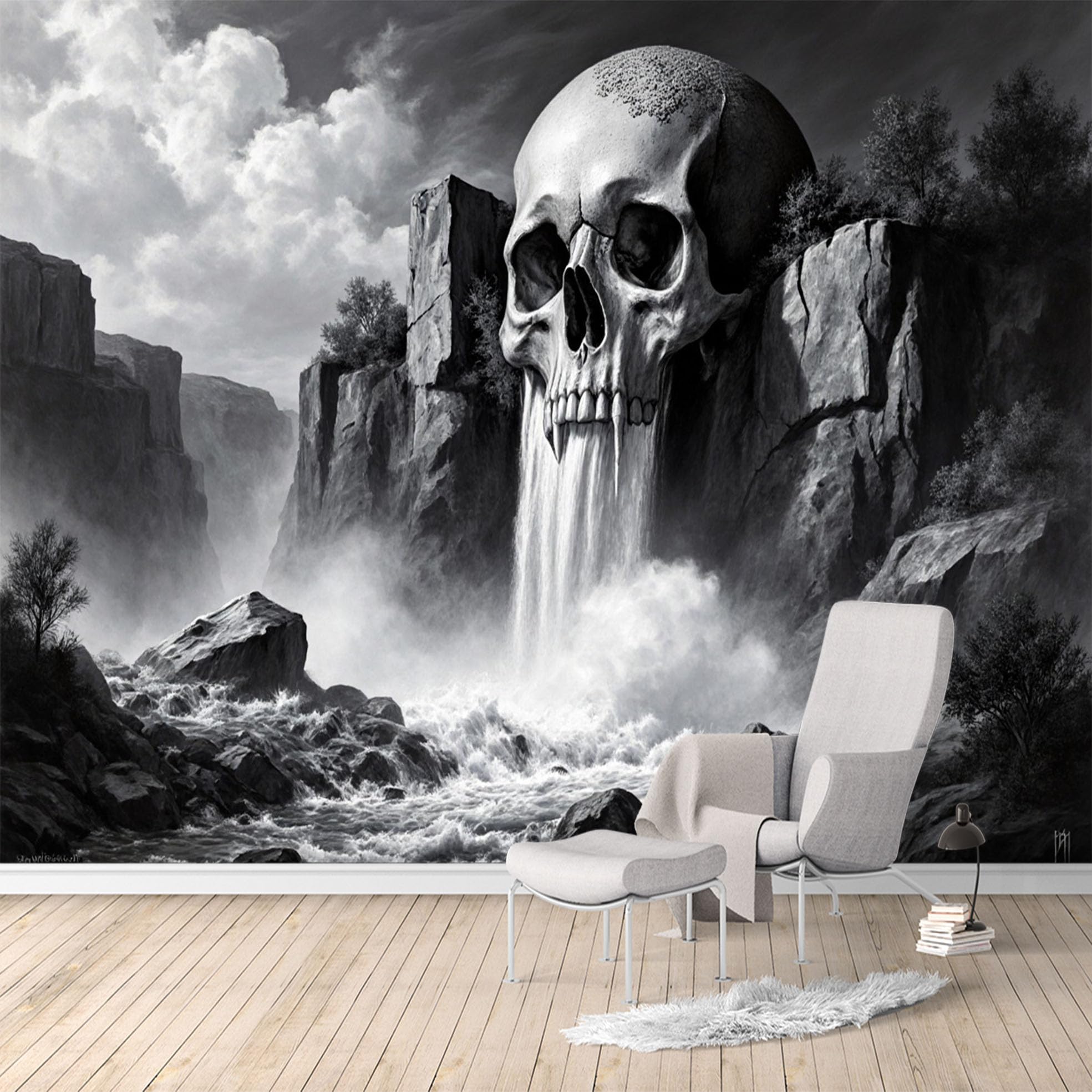 Custom Size Wall Murals, Skull Waterfall Cliff, Panoramic Dramatic Landscape, Removable Self Adhesive Large Photo Wallpaper for Living Room Bedroom Office