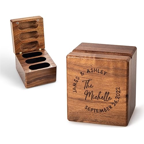 Custom Engraving Ring Gift Box Wooden Presentation Jewelry Box Case with 3 Ring Slots for Proposal Engagement Wedding Ceremony Birthday Gift