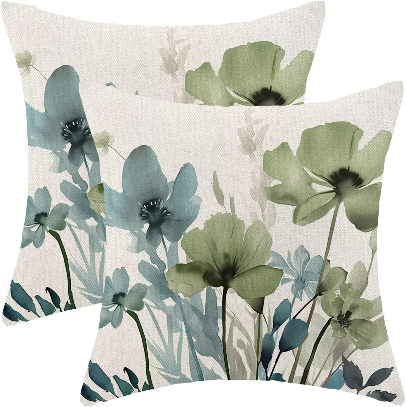 AEIOAE Sage Green Blue Floral Pillow Covers 24 x 24 Inch Set of 2, Spring Watercolor Flower Decorative Throw Pillow Covers Outdoor Linen Farmhouse Decor Pillowcase for Home Sofa