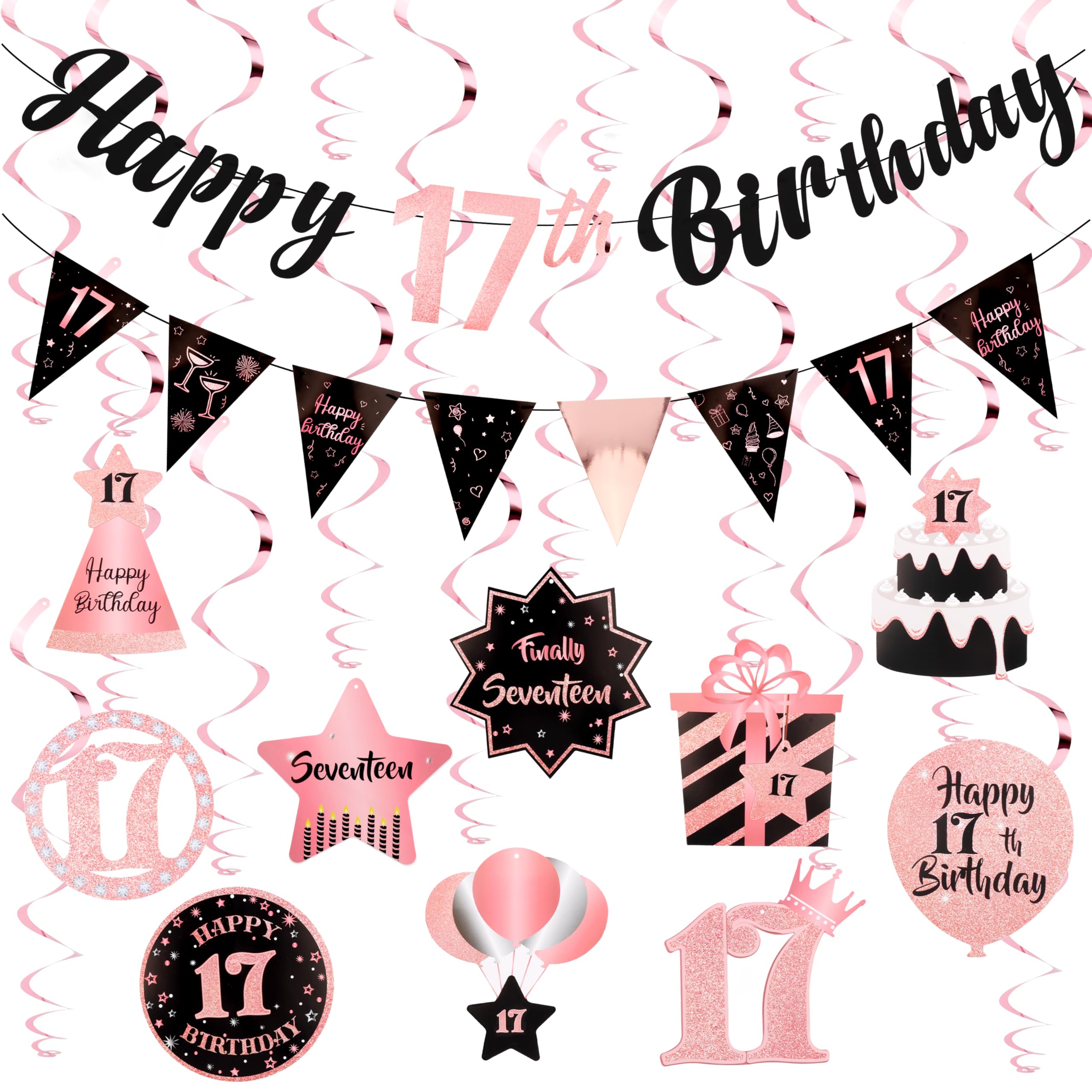 17th Birthday Decorations for Girls Rose Gold Pink Pre Assembled Happy Birthday Banner and Hanging Swirls 17 Years Old Party Decorations Supplies 17th Birthday Gifts for Girls