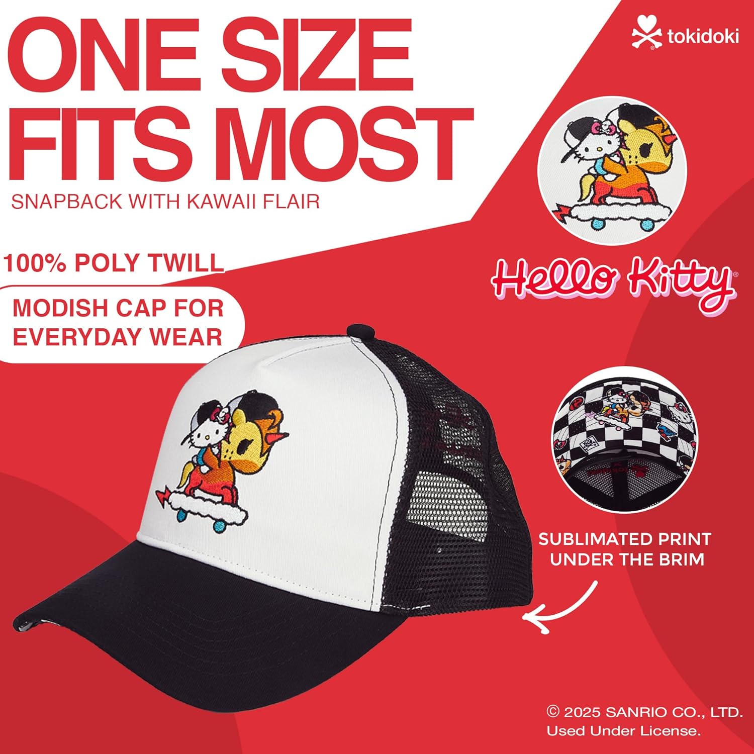 Tokidoki - Hello Kitty Skater Trucker Hat, Snapback Hat with Embroidered Graphic, Women's Cap, 100% Polly Twill, One Size White - Image 4